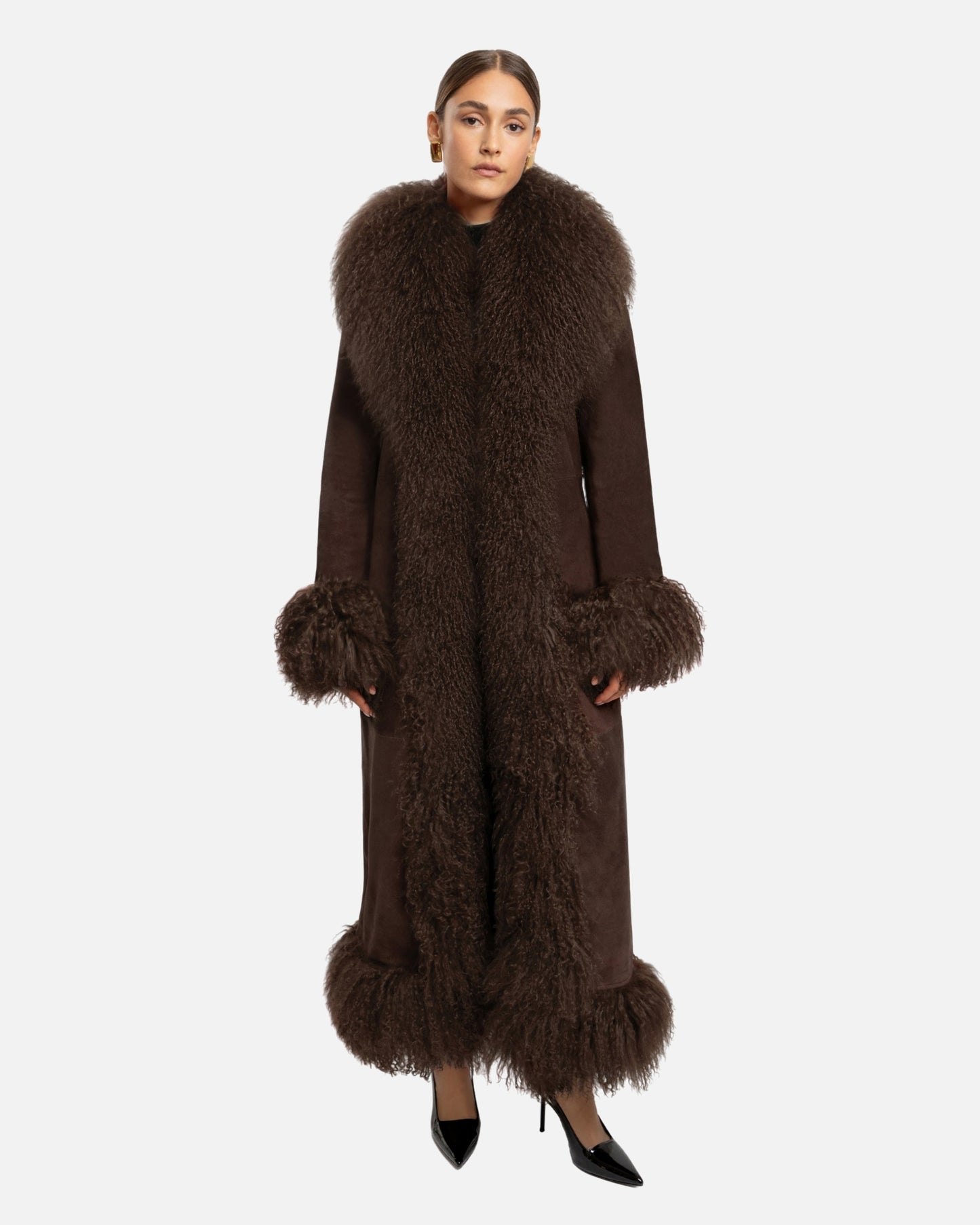 Dorothy Suede Maxi Coat in Espresso, front