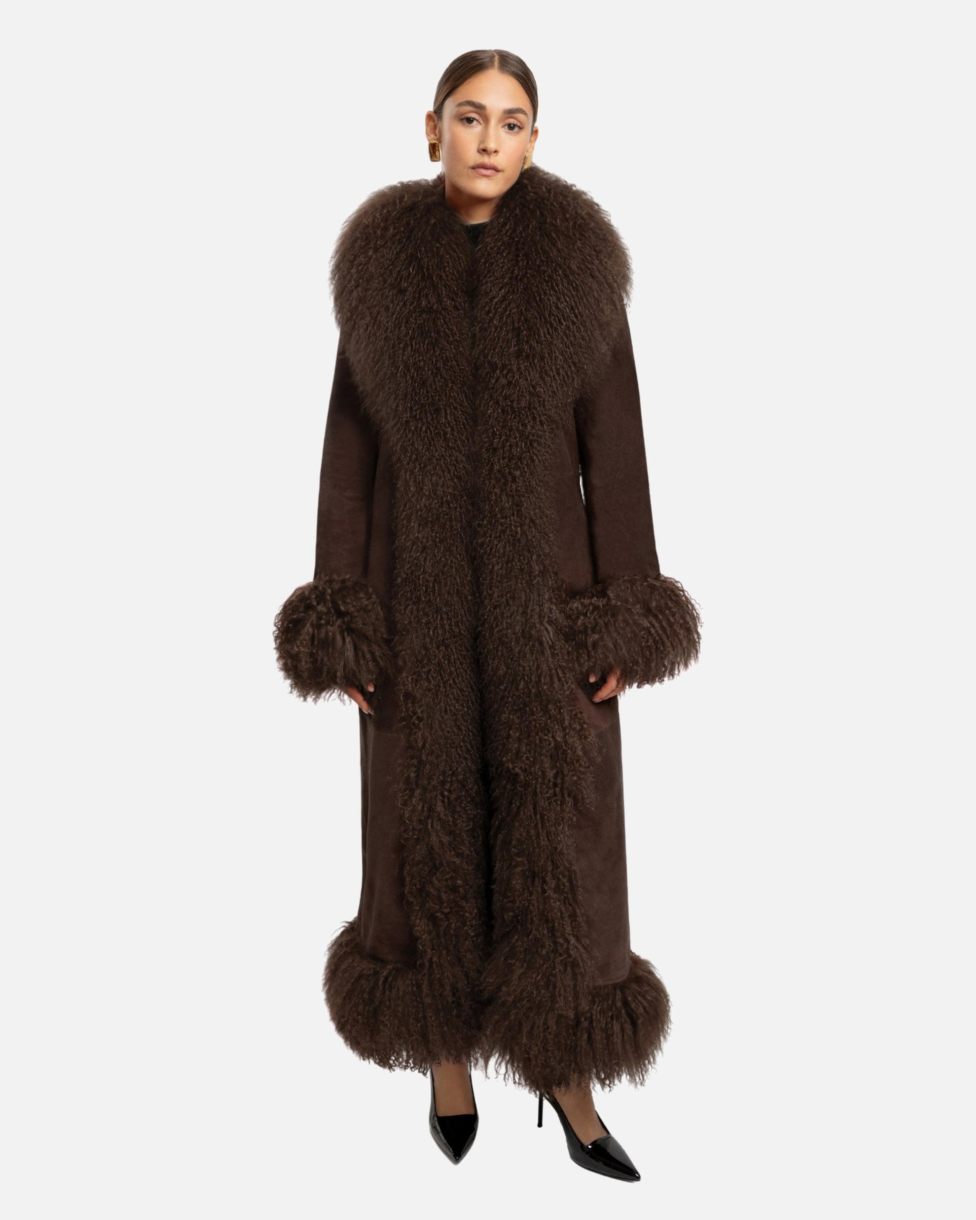 Dorothy Suede Maxi Coat in Espresso, front