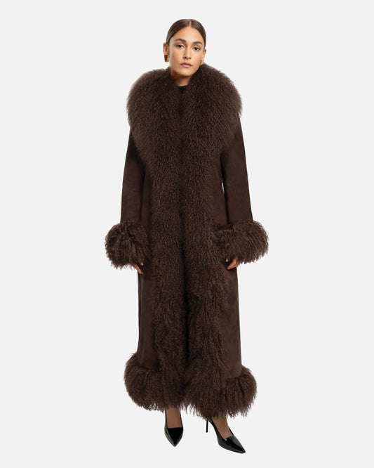 Dorothy Suede Maxi Coat in Espresso, front
