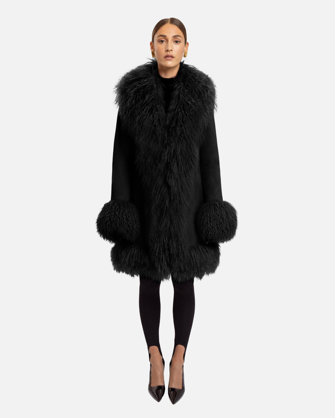 Dorothy Leather Shearling Midi Coat in Black, full length front view