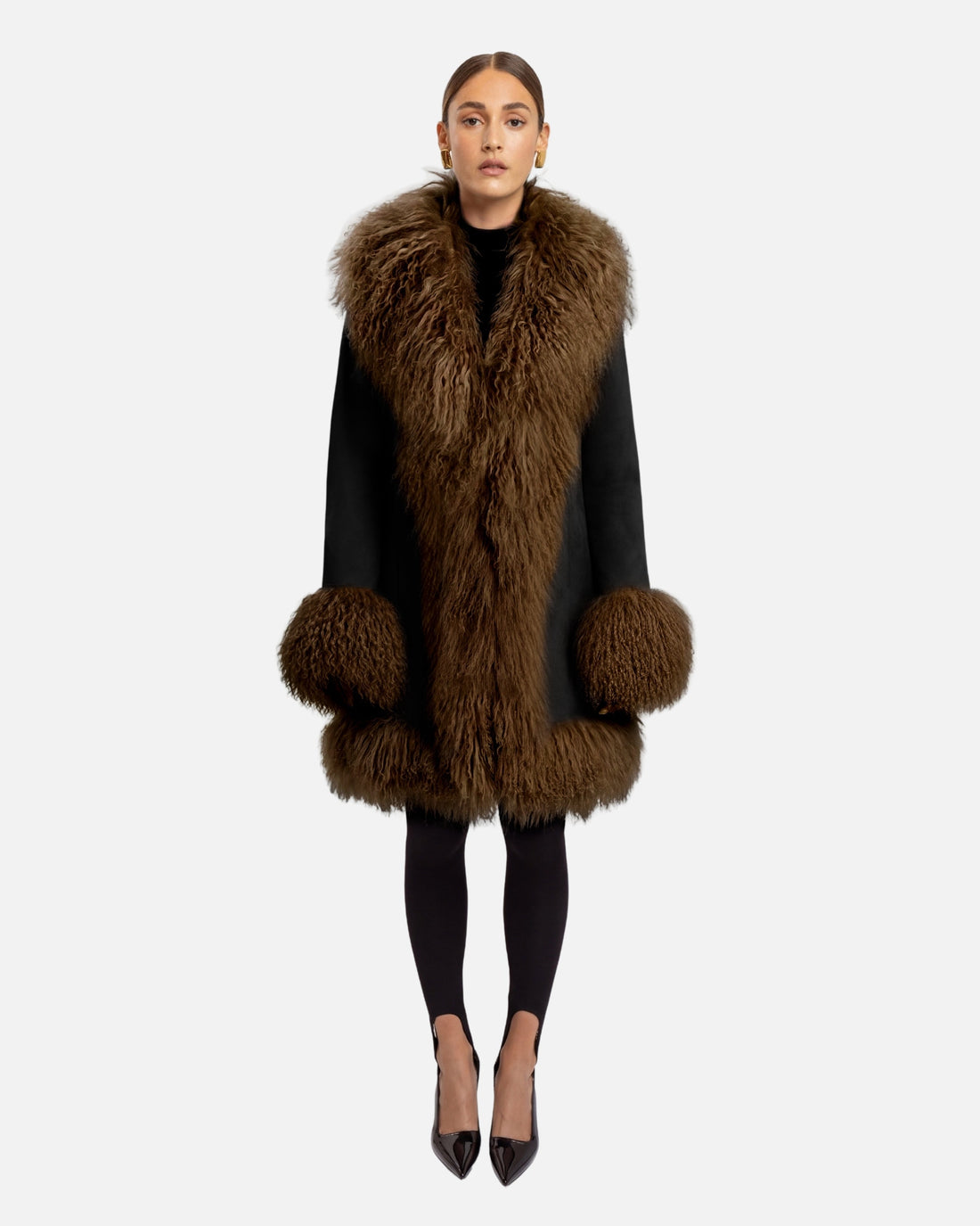 Dorothy Leather Shearling Midi Coat in Black and Brown, full length front view