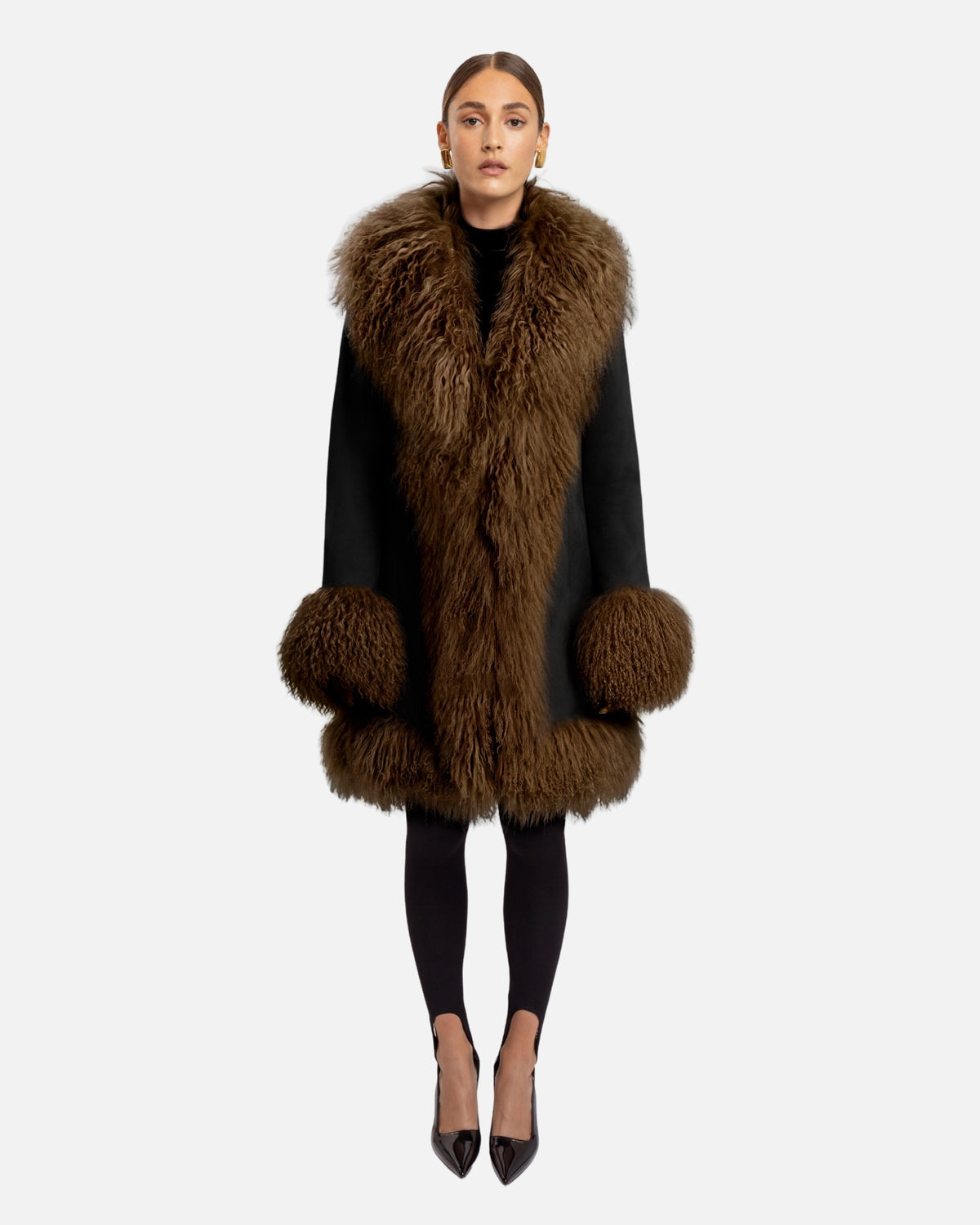 Dorothy Leather Shearling Midi Coat in Black and Brown, full length front view