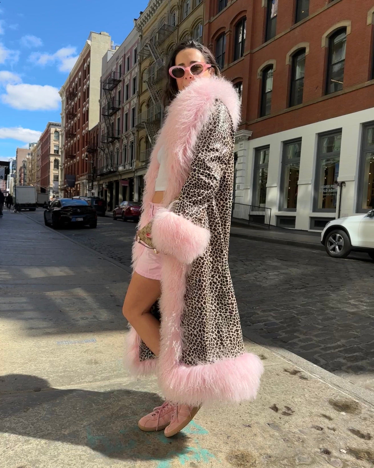 Dorothy Leather Leopard Shearling Maxi Coat
