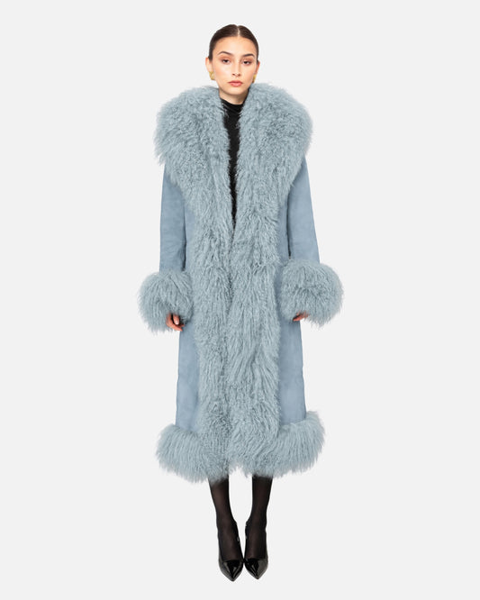 Dorothy Suede Maxi Coat Powder Blue