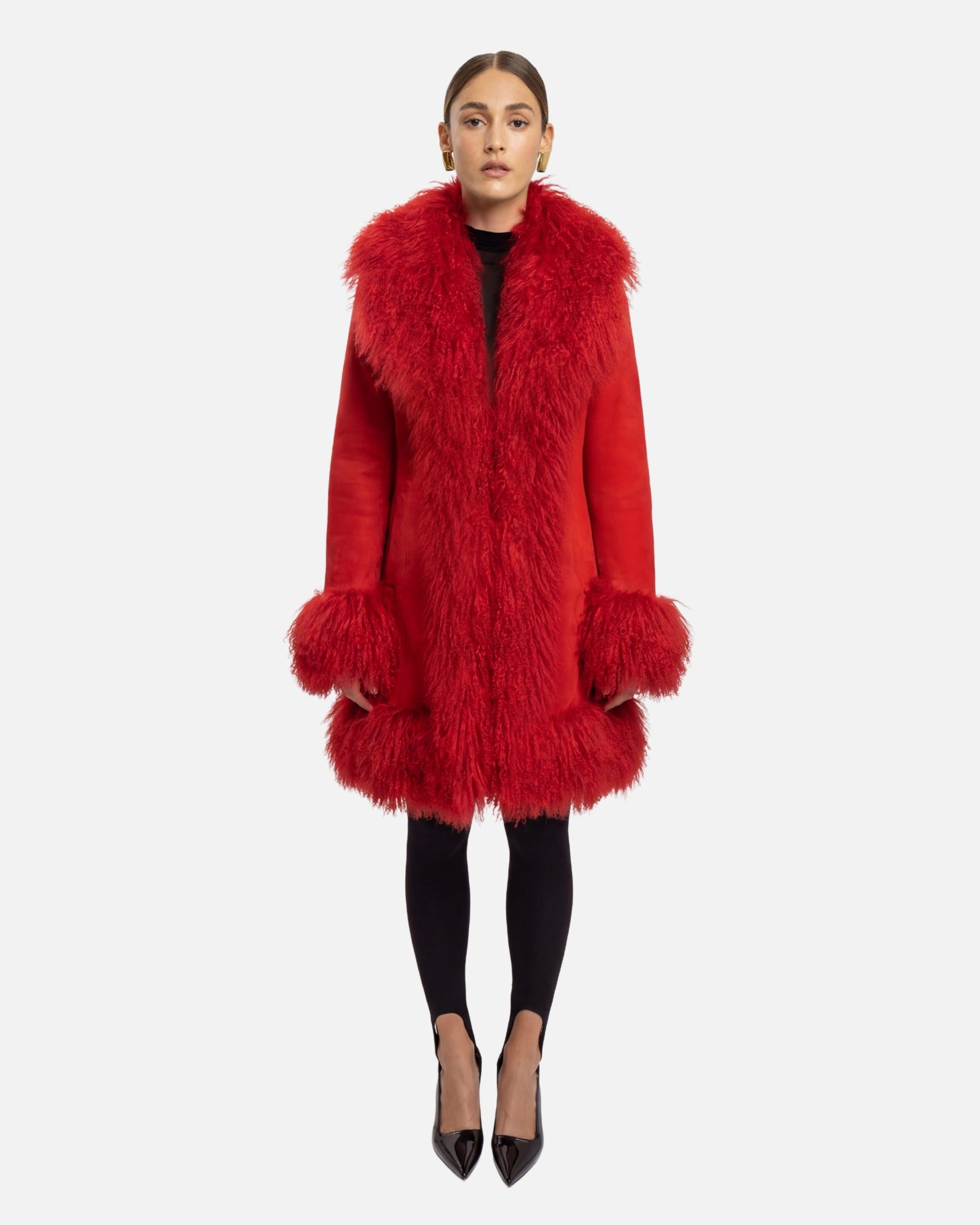 Dorothy Suede Midi Coat in Ruby Red