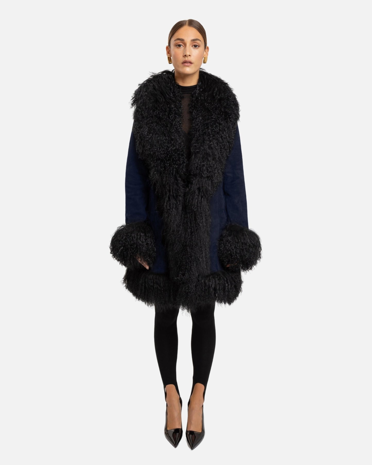 Dorothy Suede Midi Coat in Navy Blue / Black