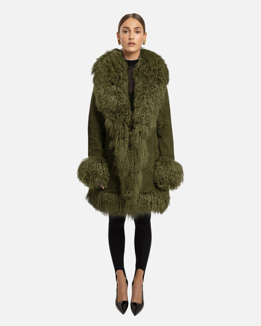 Dorothy Suede Midi Coat in Olive Green