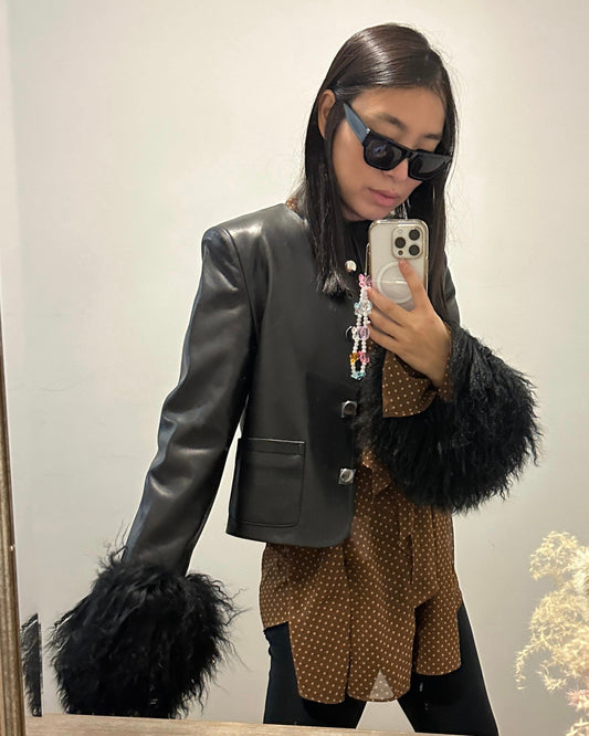Frida Shearling Trim Leather Jacket