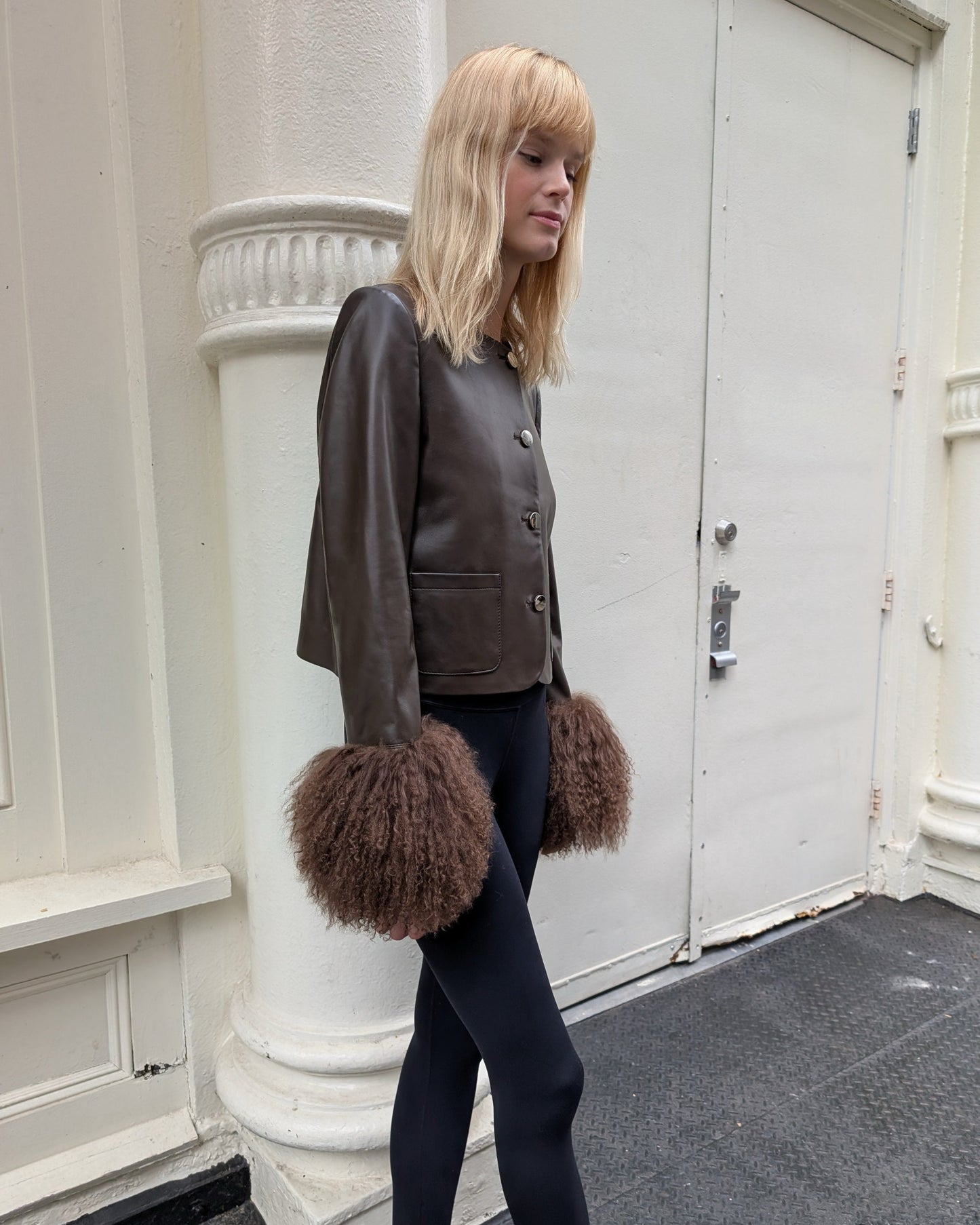 Frida Shearling Trim Leather Jacket