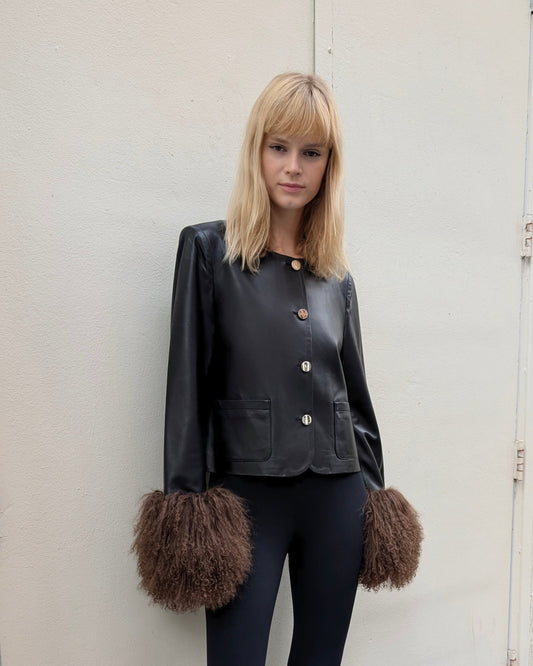 Frida Shearling Trim Leather Jacket