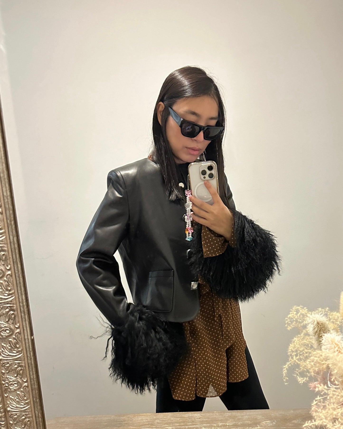Frida Shearling Trim Leather Jacket