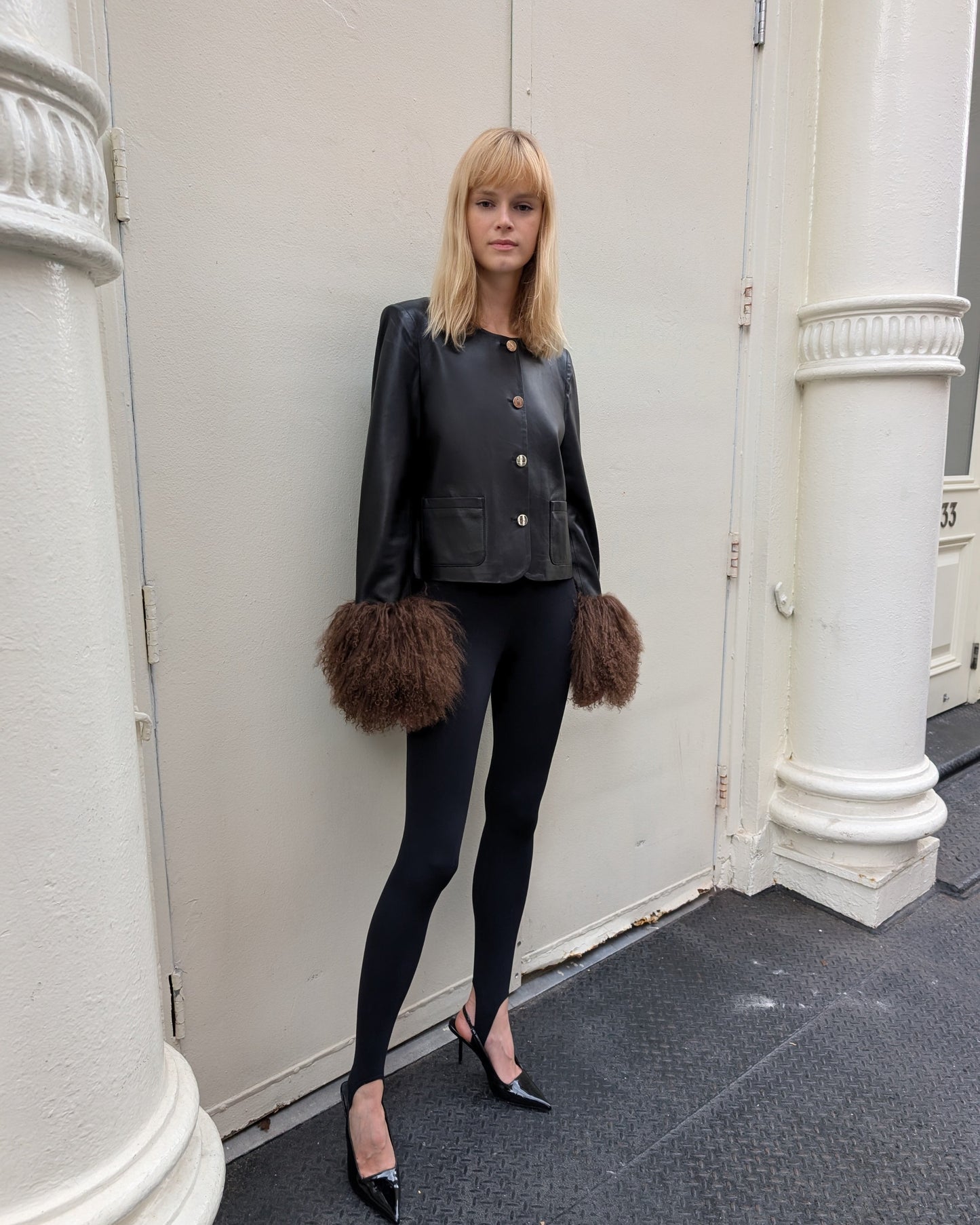 Frida Shearling Trim Leather Jacket