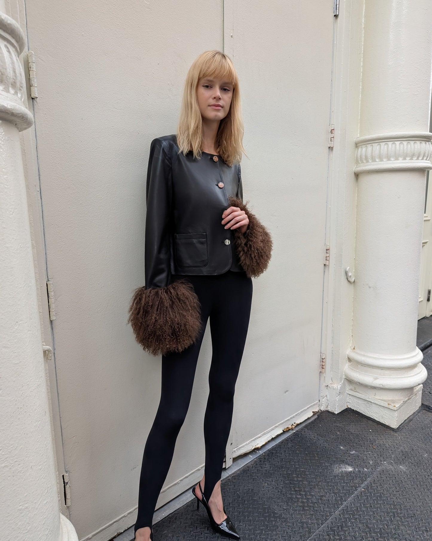 Frida Shearling Trim Leather Jacket
