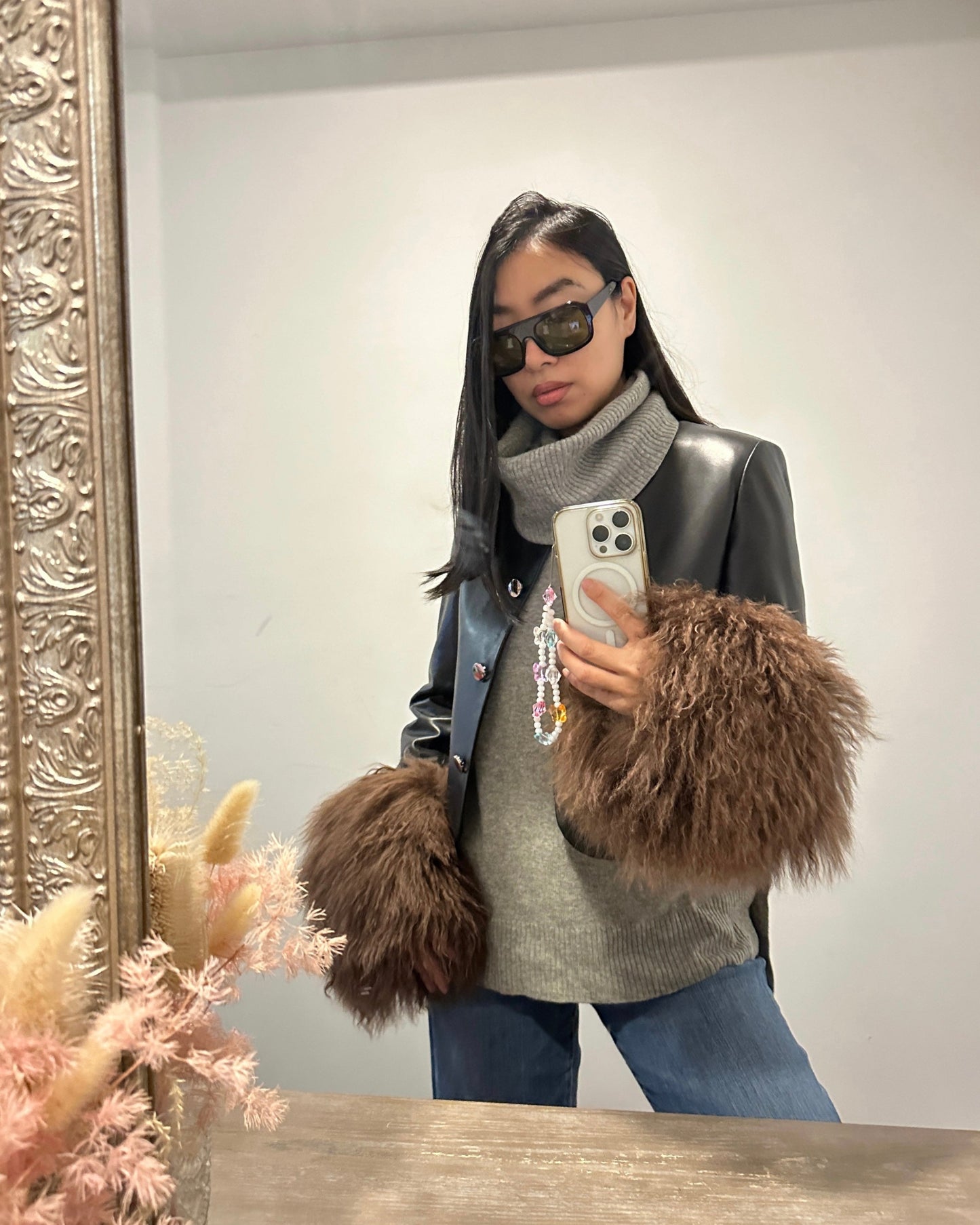 Frida Shearling Trim Leather Jacket