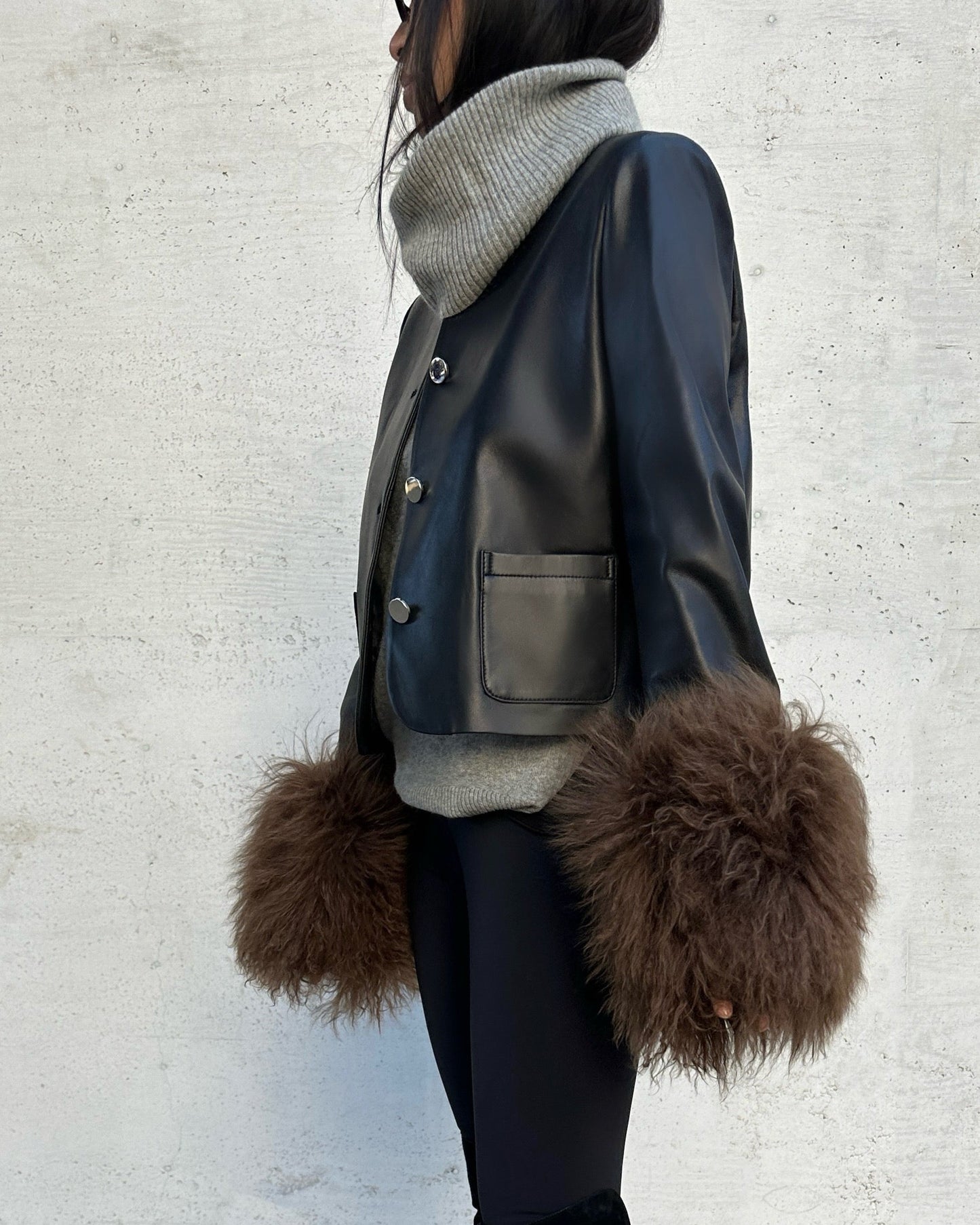 Frida Shearling Trim Leather Jacket