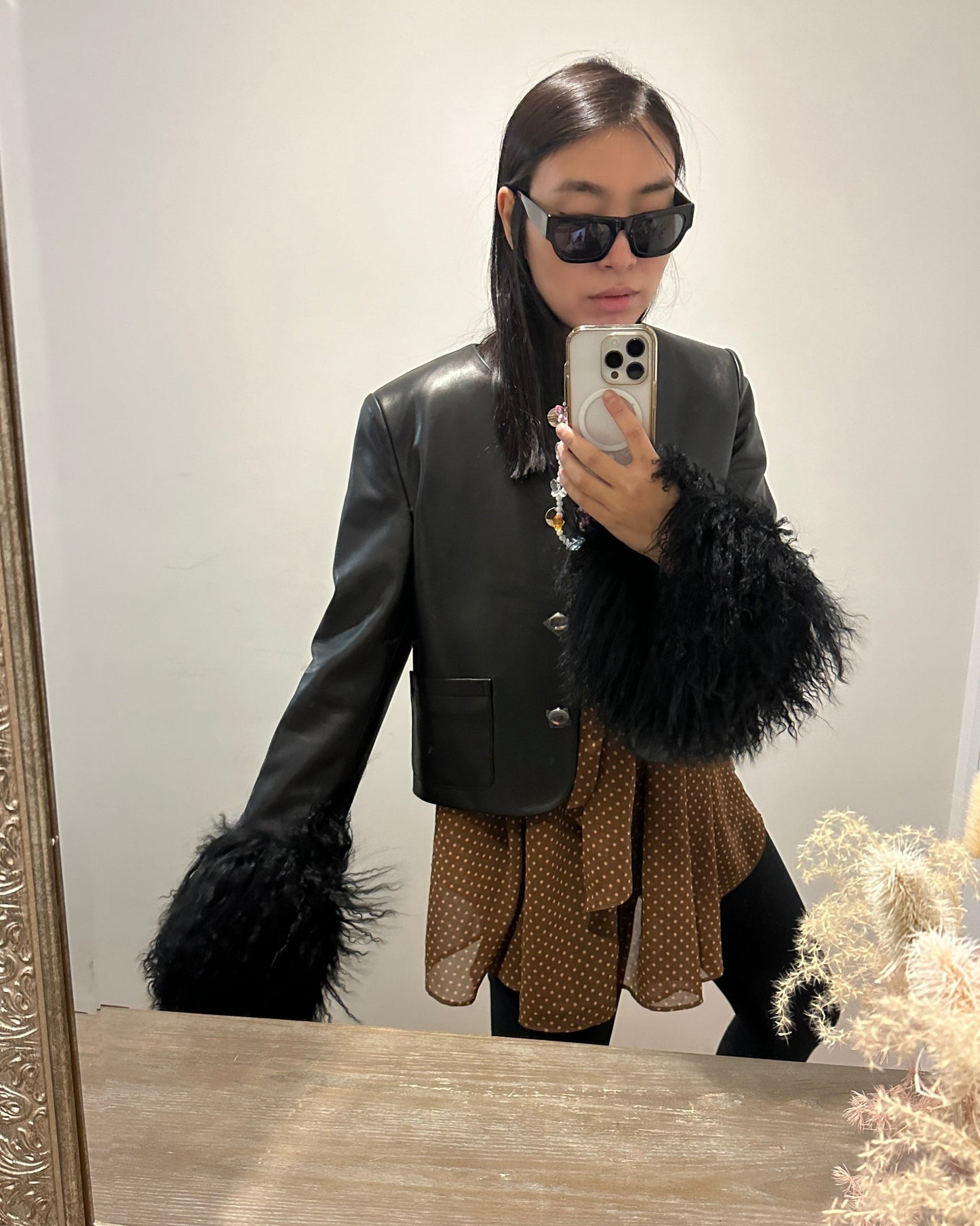 Frida Shearling Trim Leather Jacket
