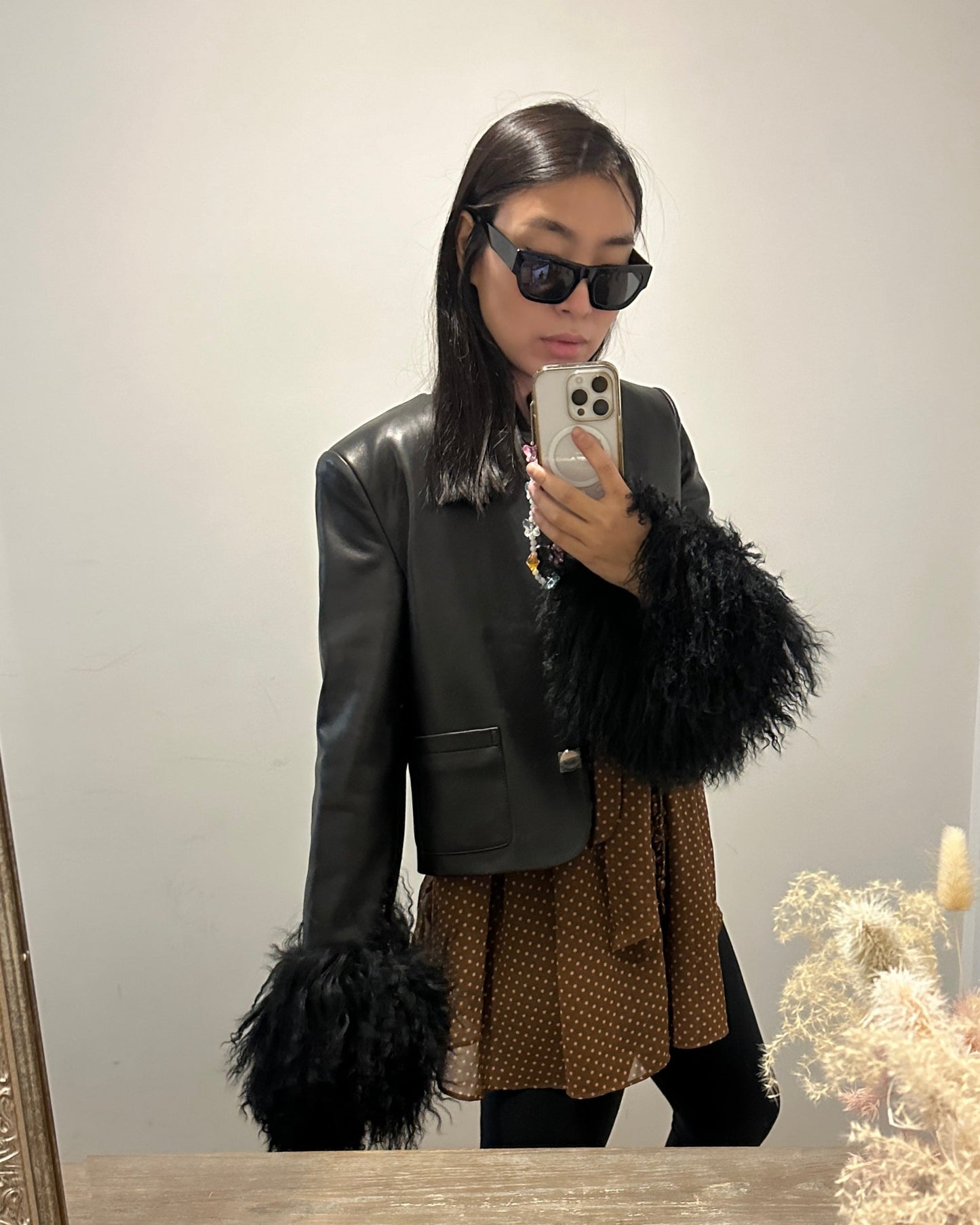 Frida Shearling Trim Leather Jacket