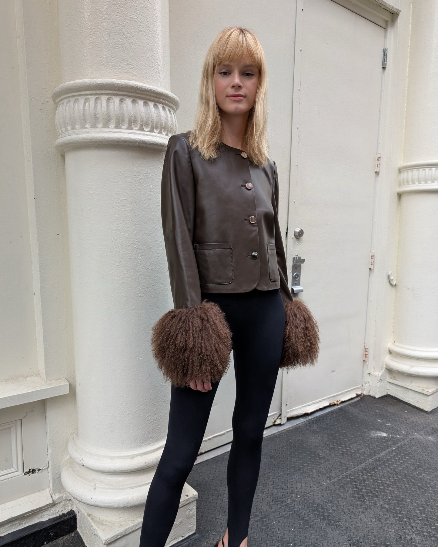 Frida Shearling Trim Leather Jacket