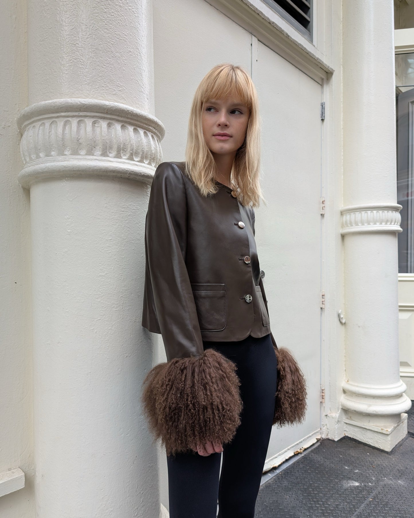 Frida Shearling Trim Leather Jacket