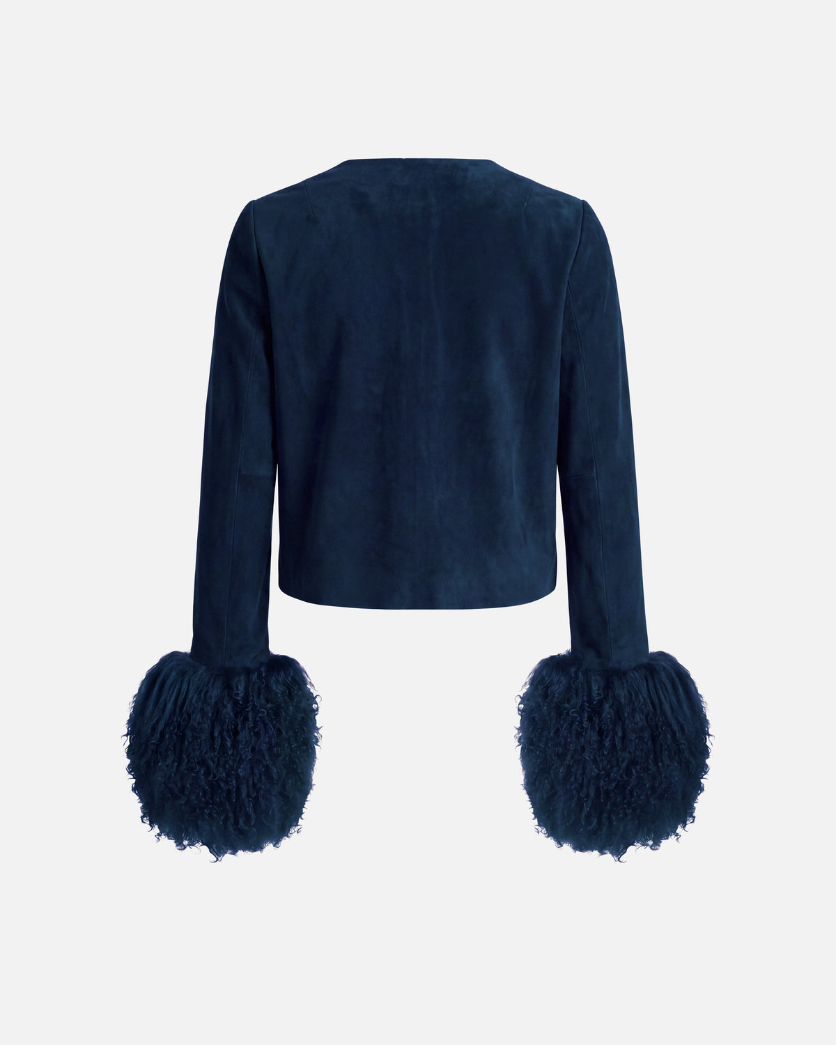Susanna Chow Frida Shearling Trim Leather Jacket in Navy Blue, back view