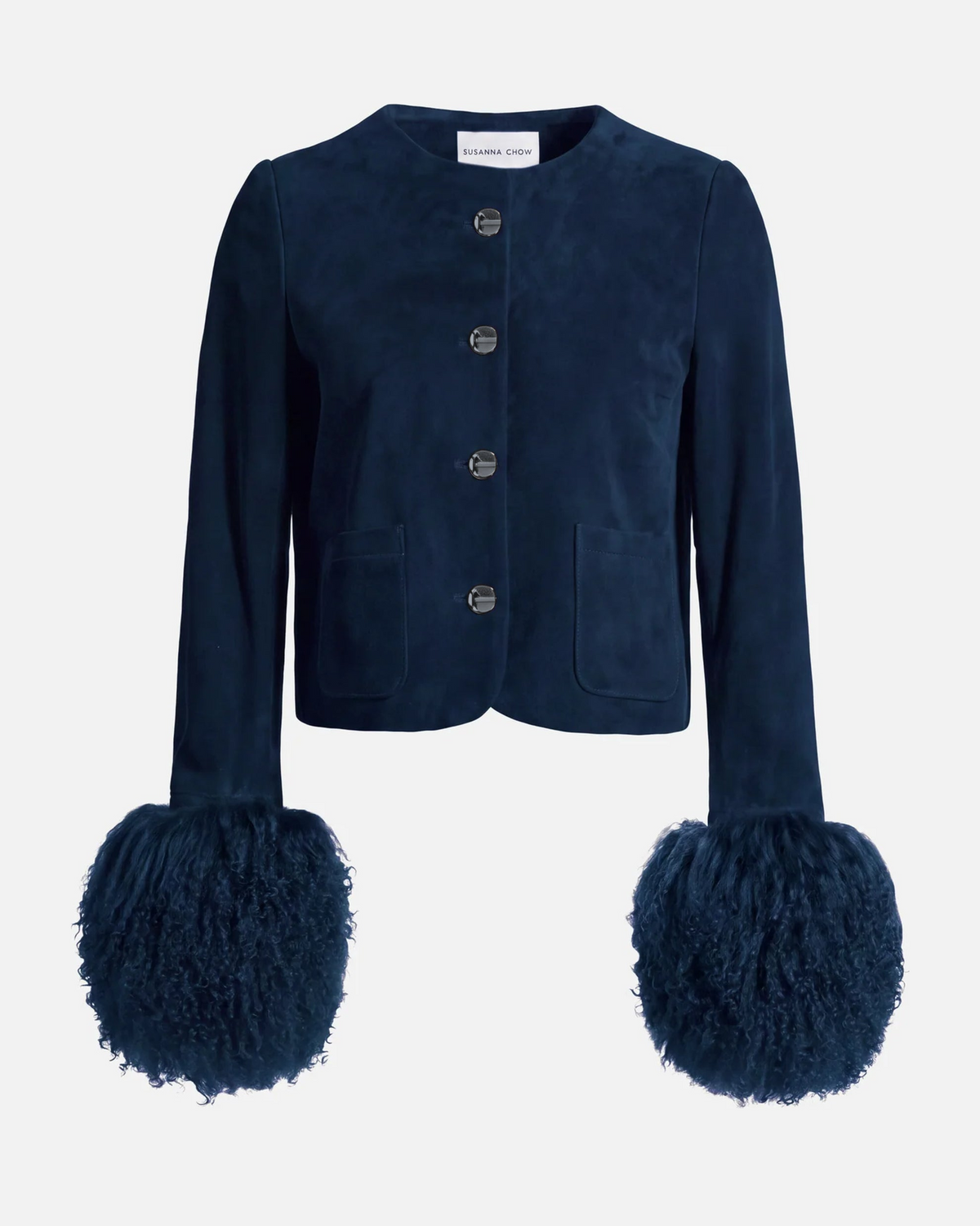 Frida Shearling Trim Suede Jacket in navy, front