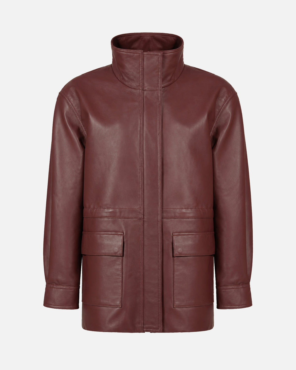 Susanna Chow Heidi Leather Jacket in Burgundy, front view
