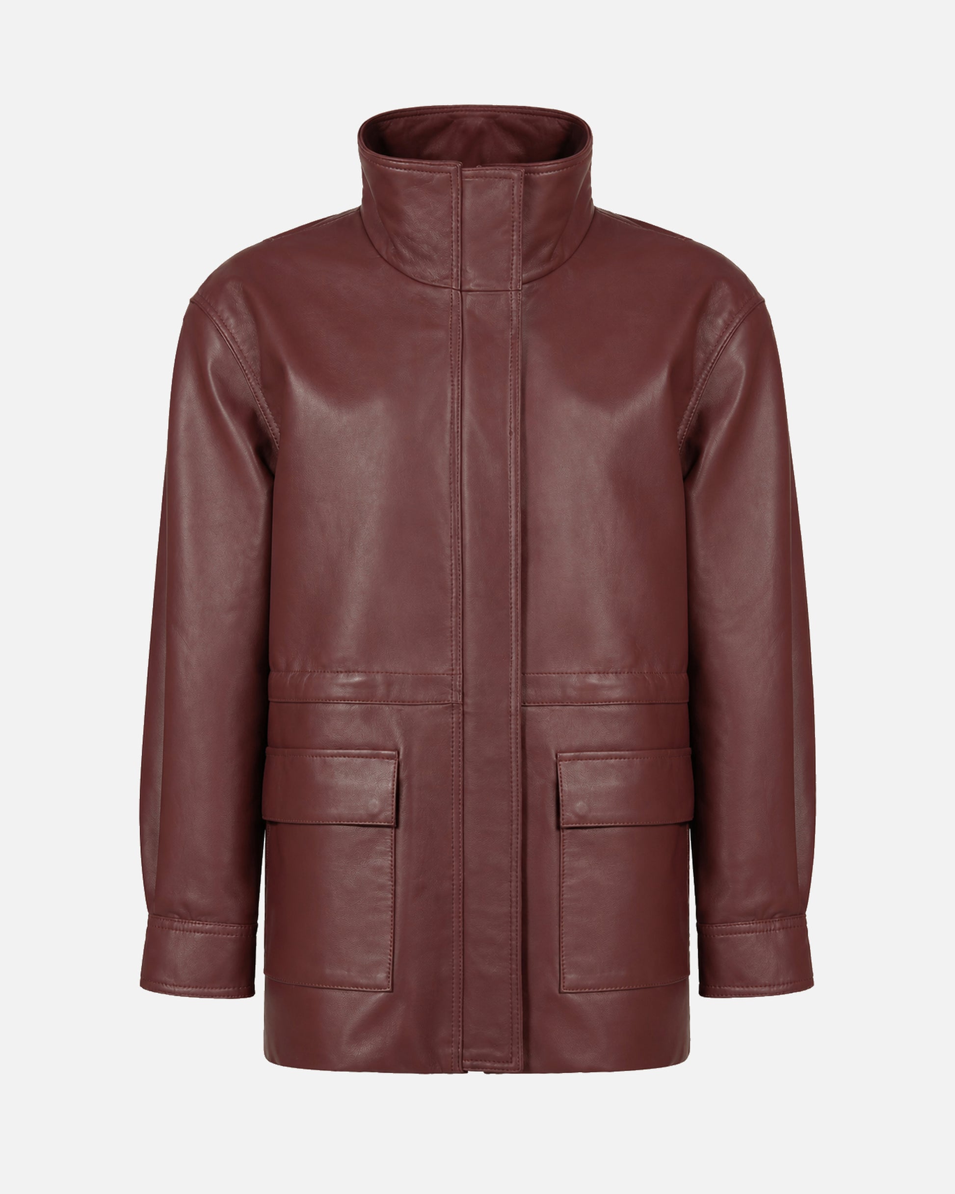Susanna Chow Heidi Leather Jacket in Burgundy, front view