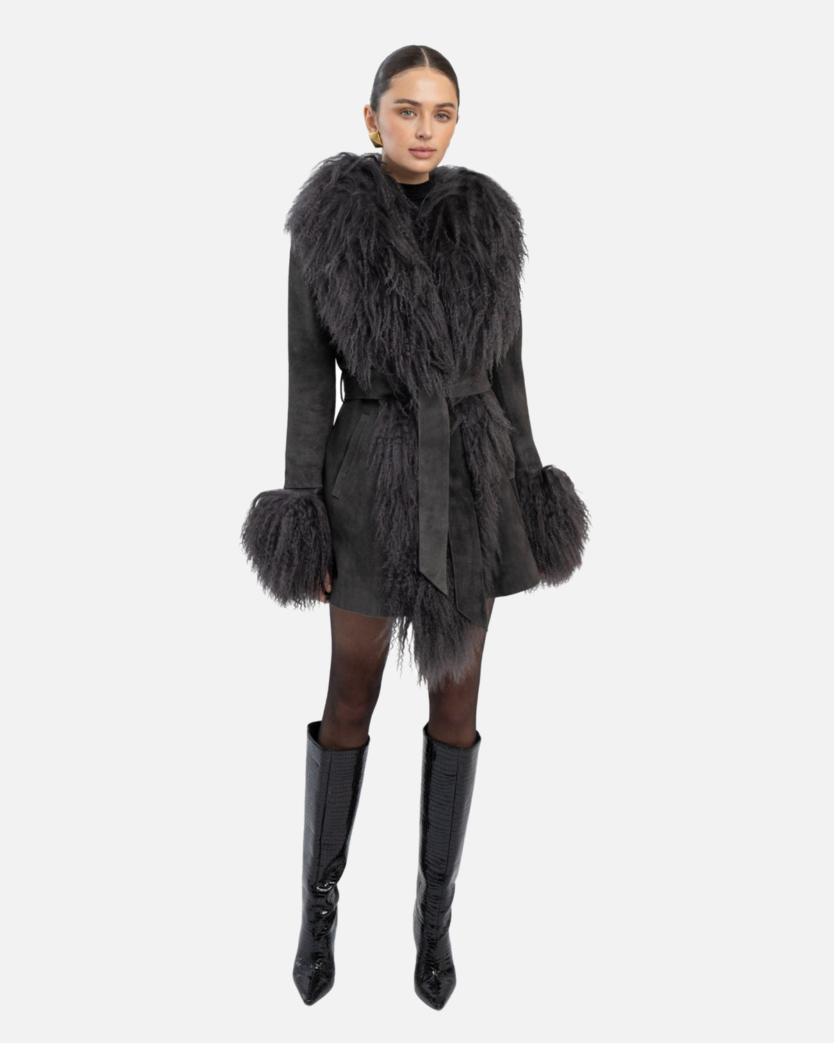 Inez Suede Shearling Midi Coat