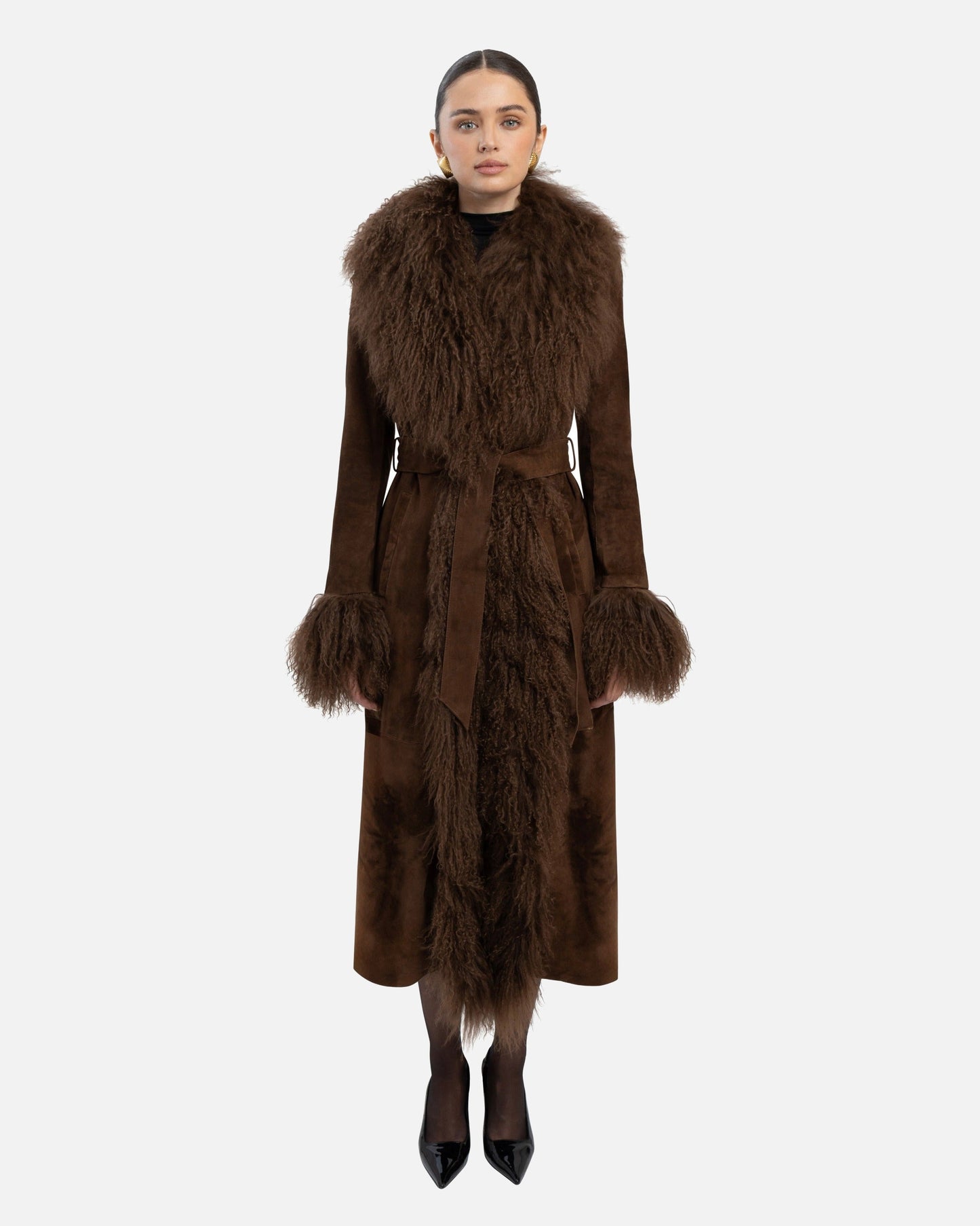 Inez Suede Shearling Maxi Coat