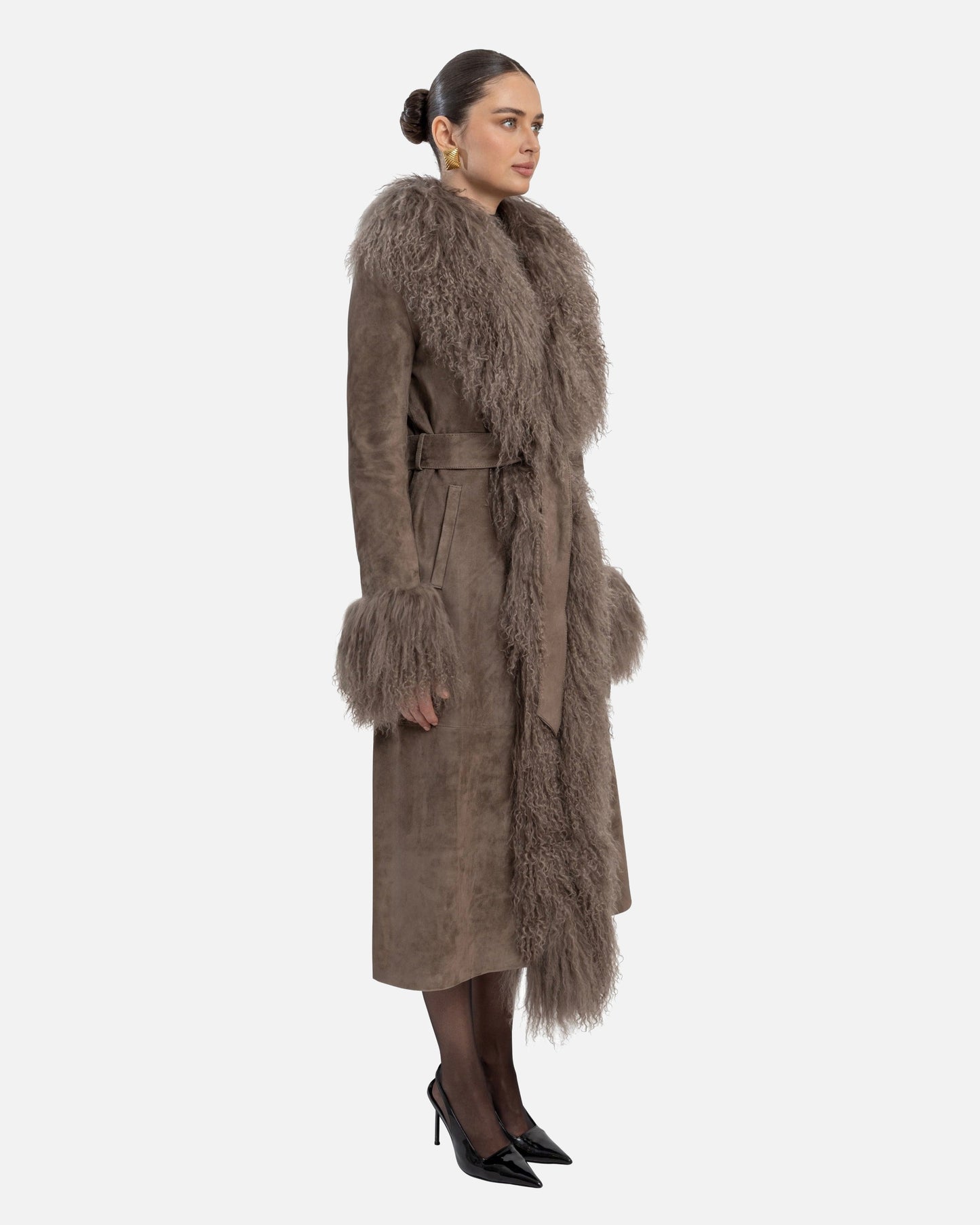 Inez Suede Shearling Maxi Coat