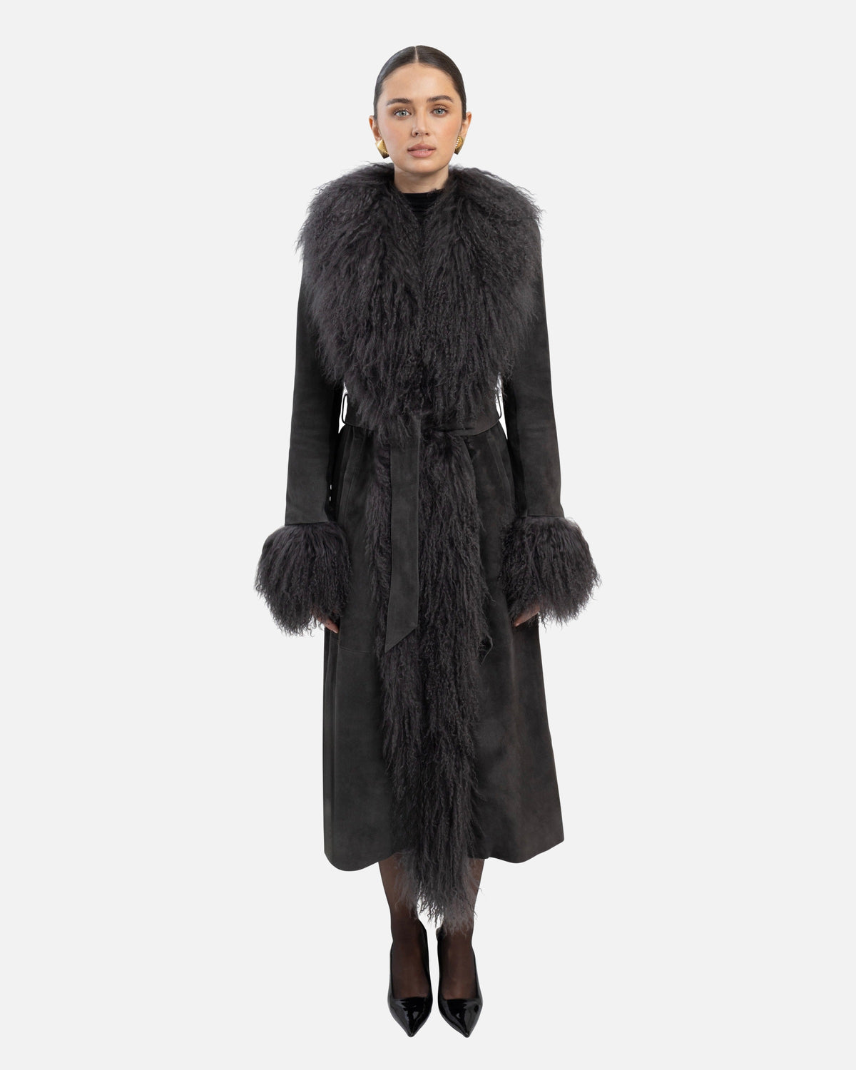 Inez Suede Shearling Maxi Coat