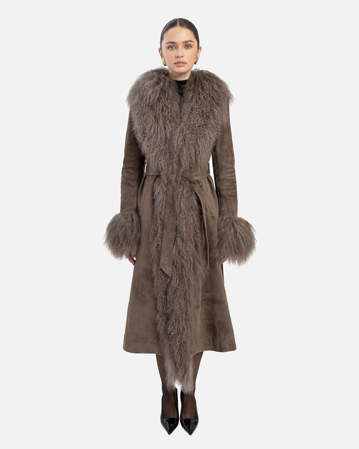 Inez Suede Shearling Maxi Coat