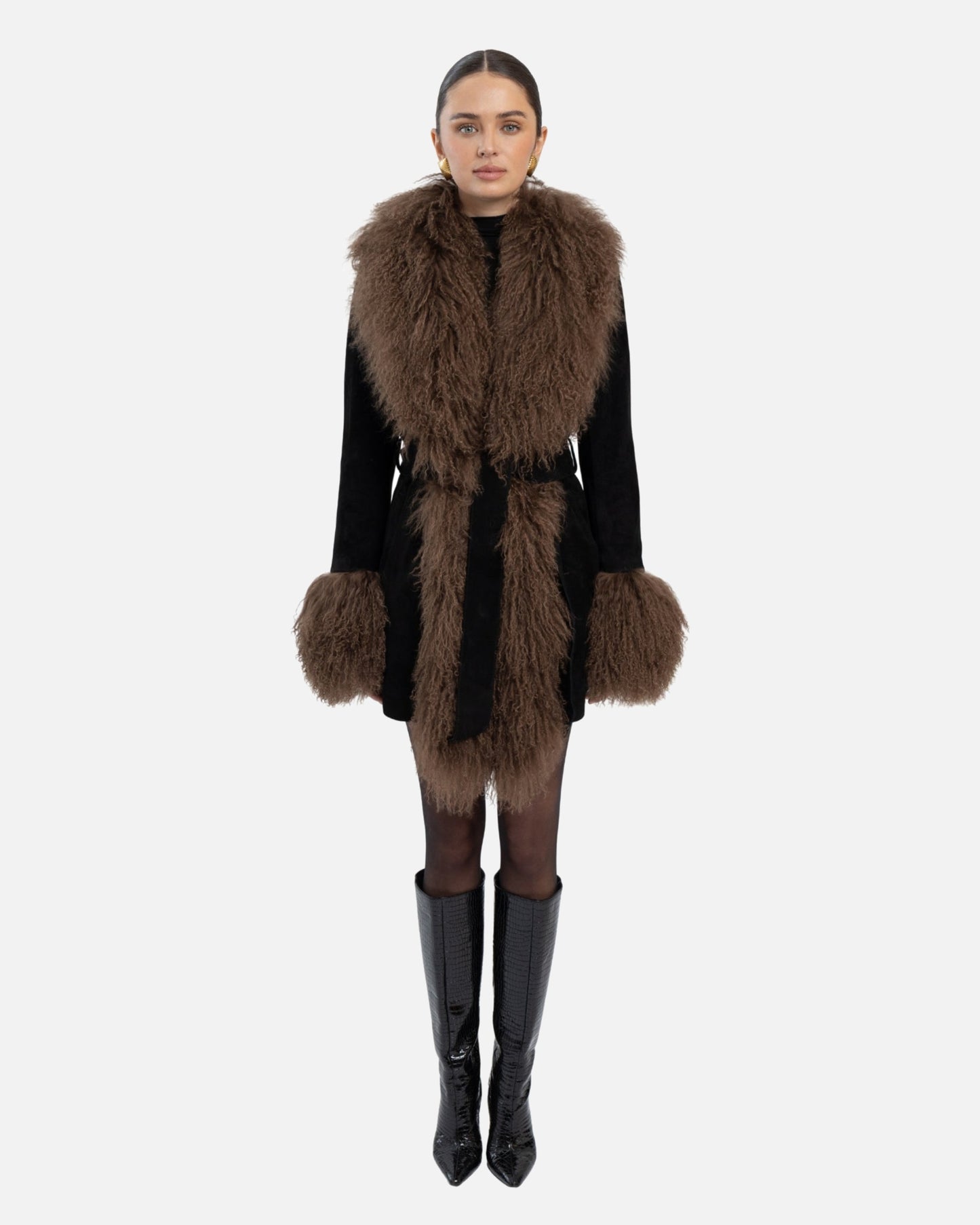 Inez Suede Shearling Midi Coat