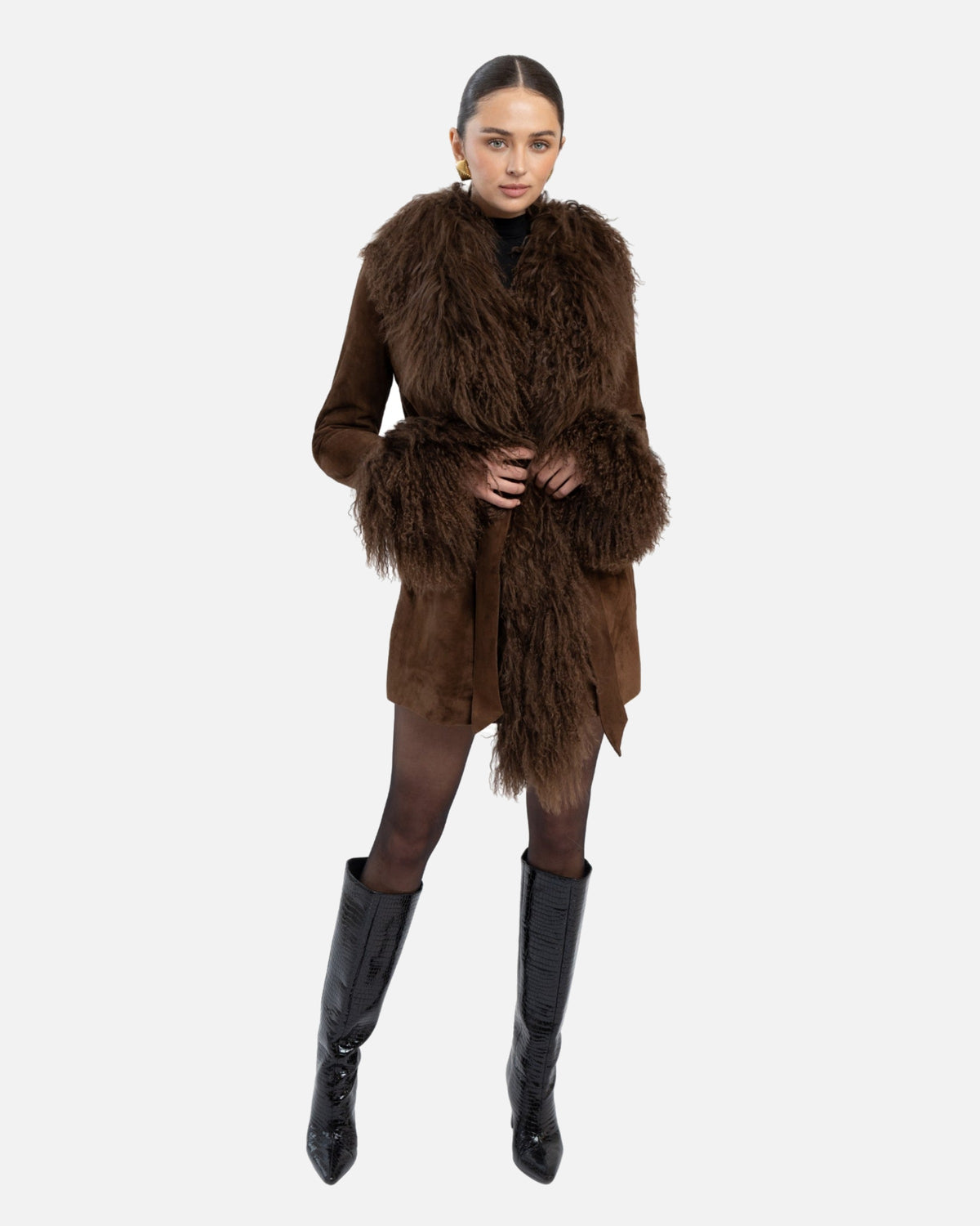 Inez Suede Shearling Midi Coat
