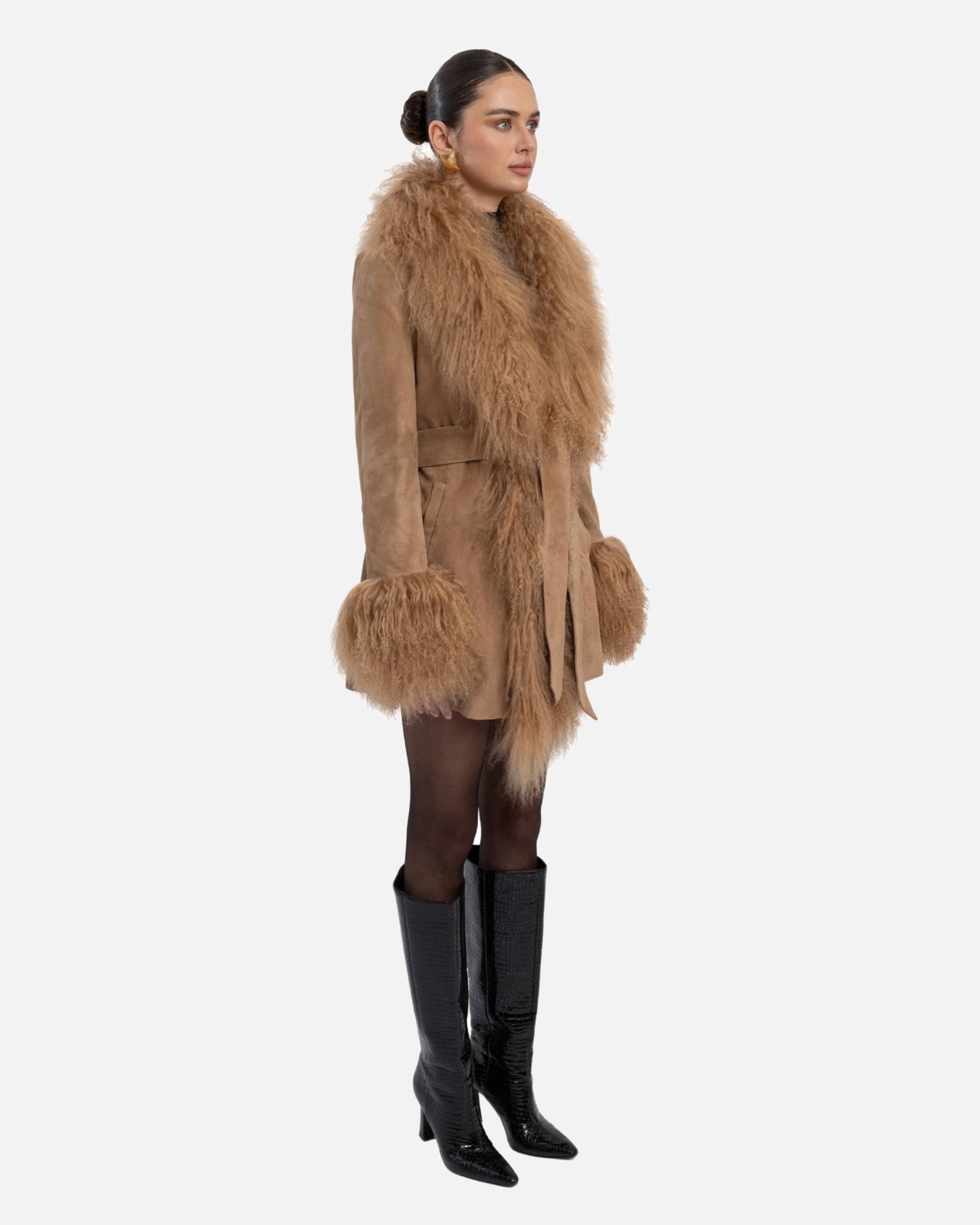 Inez Suede Shearling Midi Coat