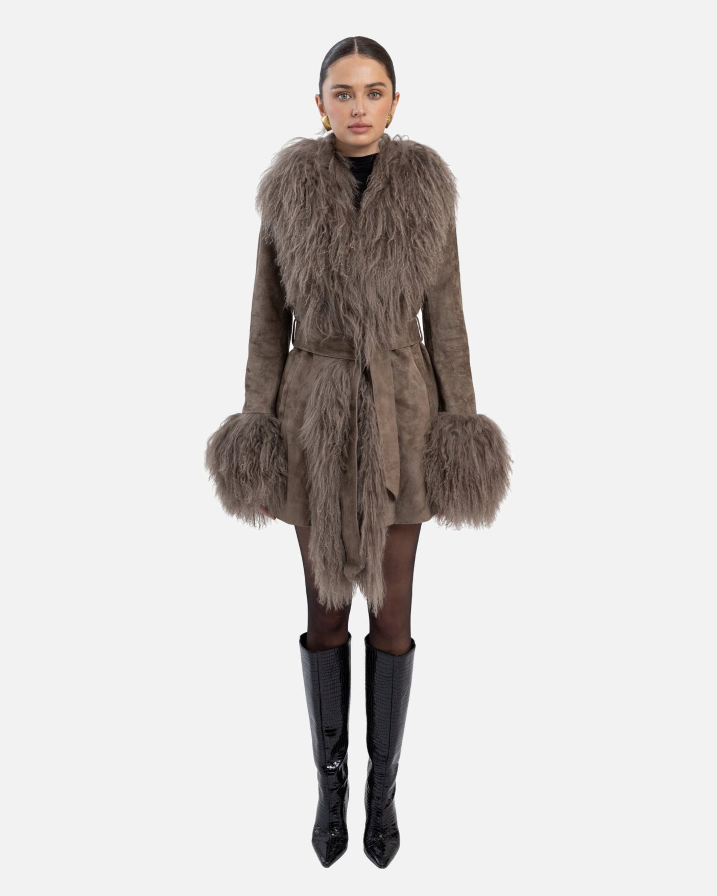 Inez Suede Shearling Midi Coat