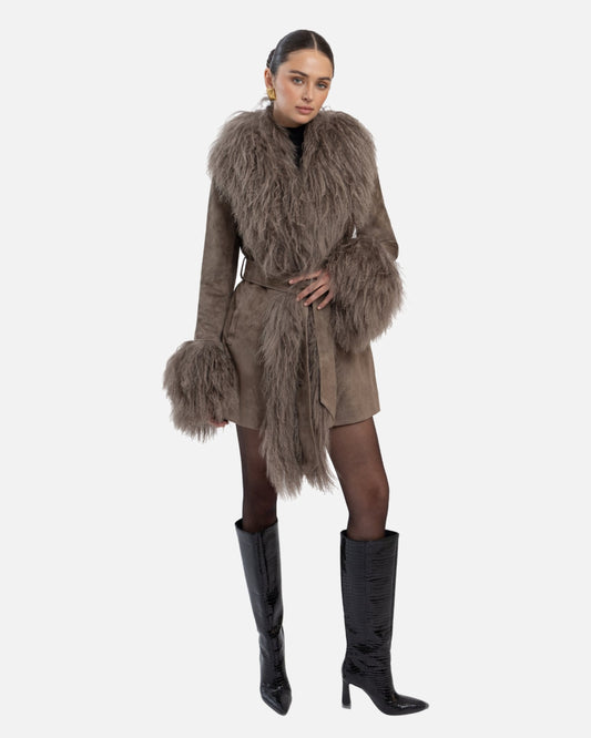 Inez Suede Shearling Midi Coat