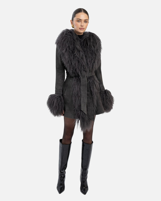 Inez Suede Shearling Midi Coat