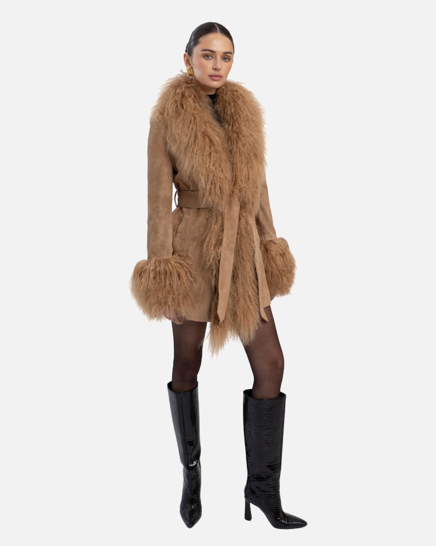 Inez Suede Shearling Midi Coat