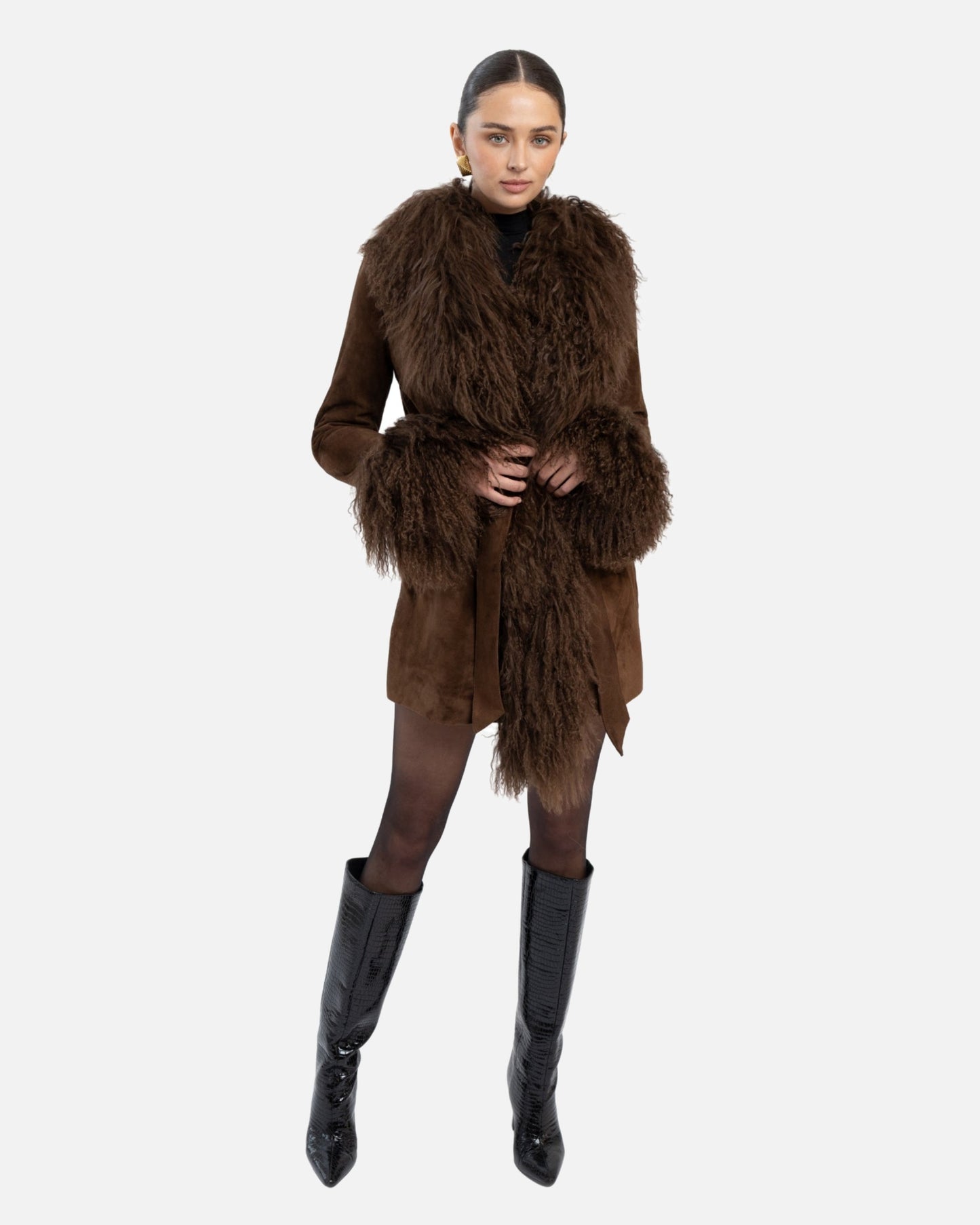Inez Suede Shearling Midi Coat