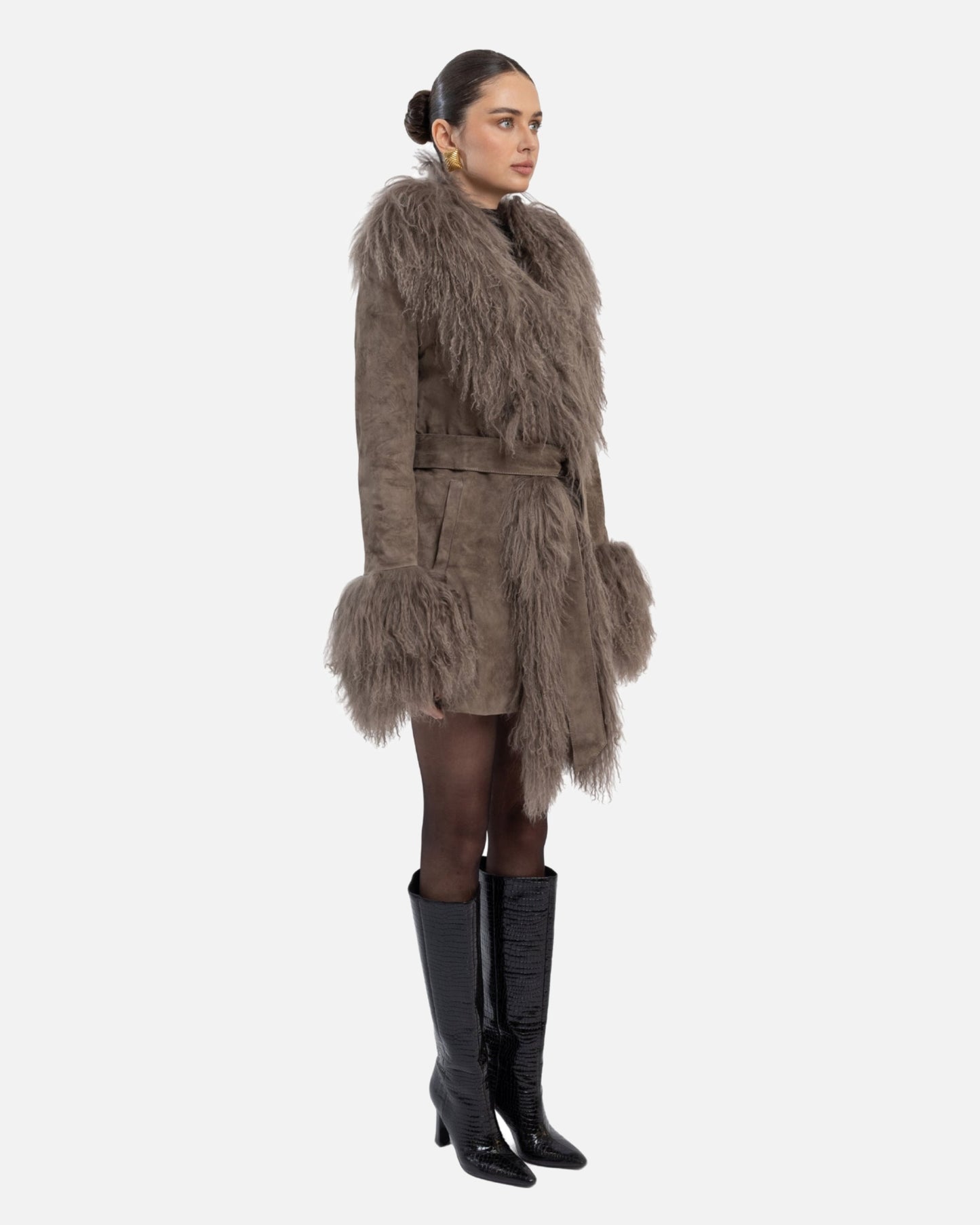 Inez Suede Shearling Midi Coat