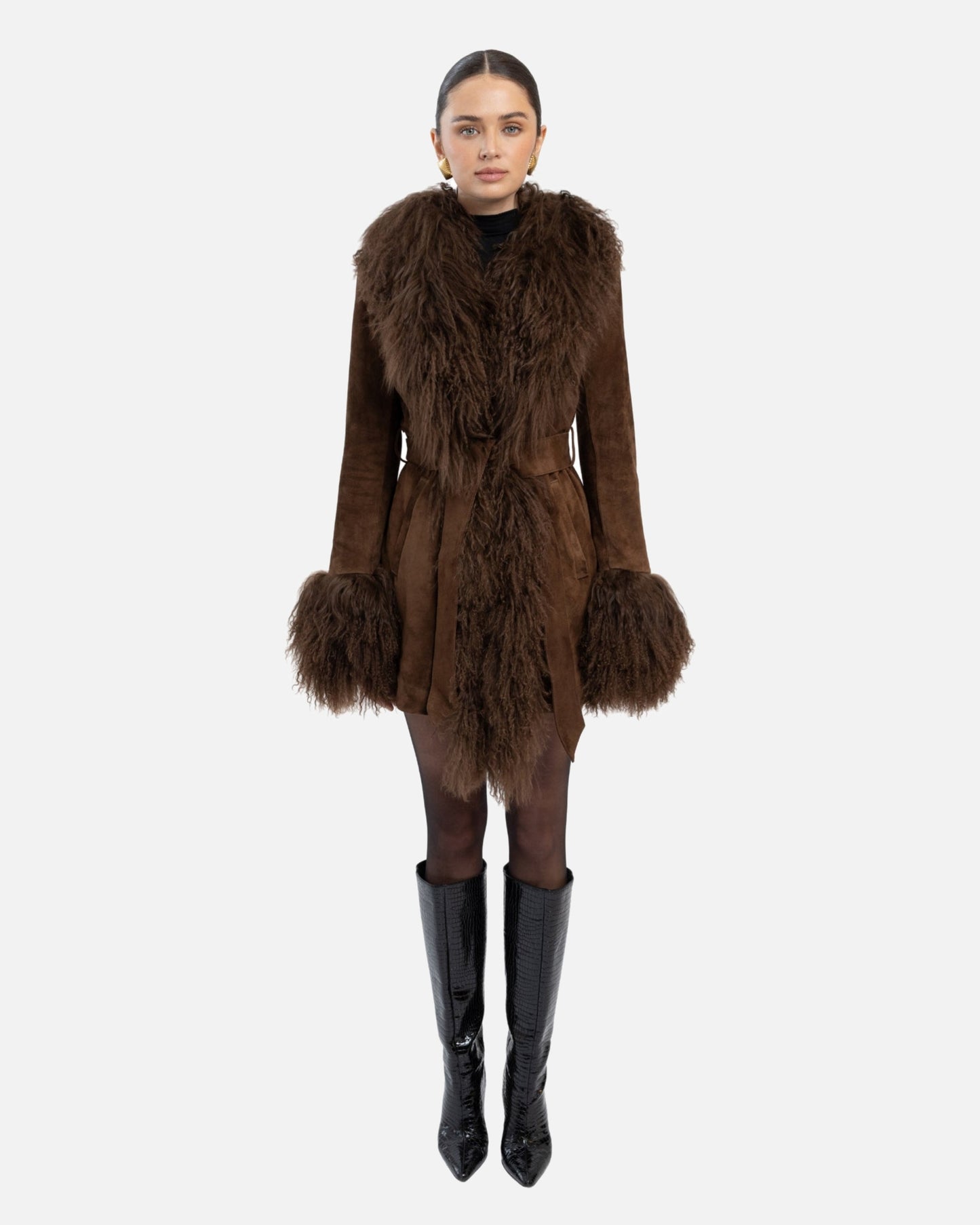 Inez Suede Shearling Midi Coat