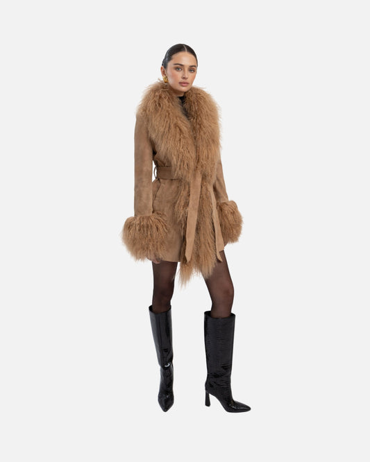 Inez Suede Shearling Midi Coat