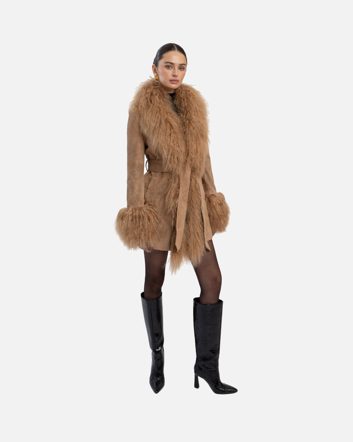Inez Suede Shearling Midi Coat