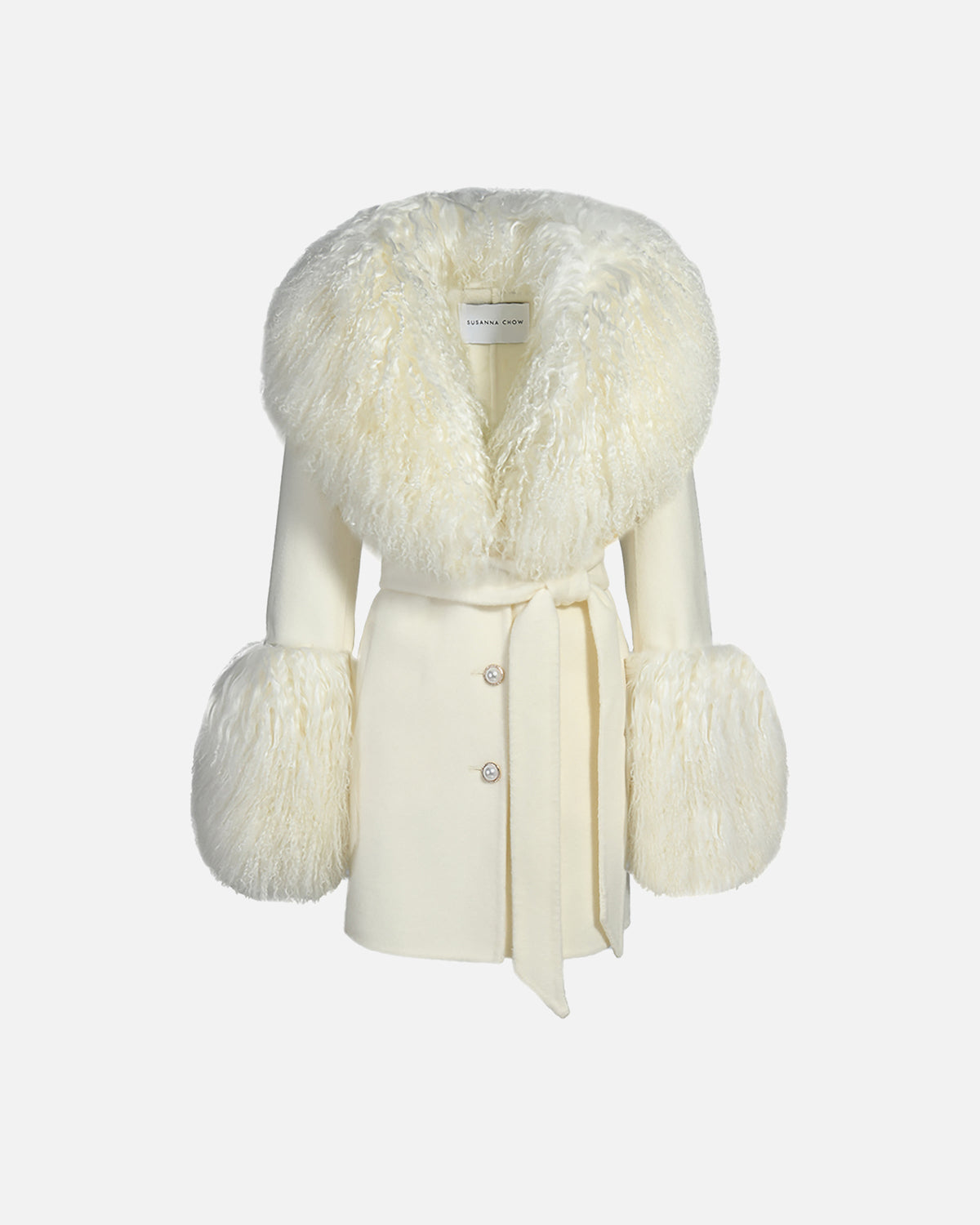 Jojo Midi Cashmere Shearling Coat in Cream, front
