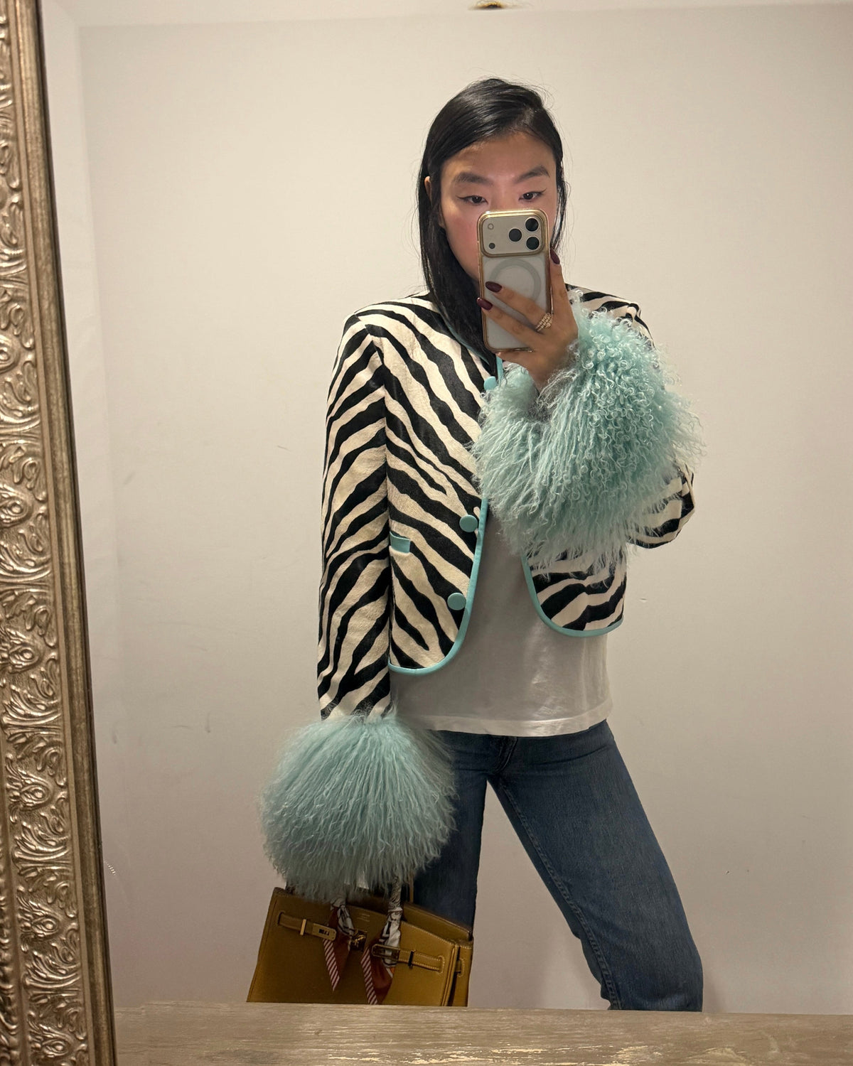 Leandra Zebra Calf Hair Jacket, mirror selfie