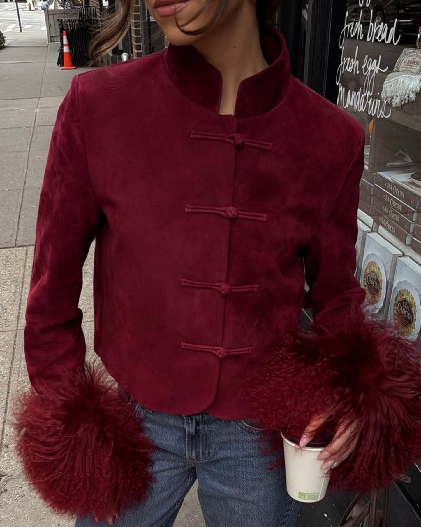 Leighton Shearling Trim Suede Jacket