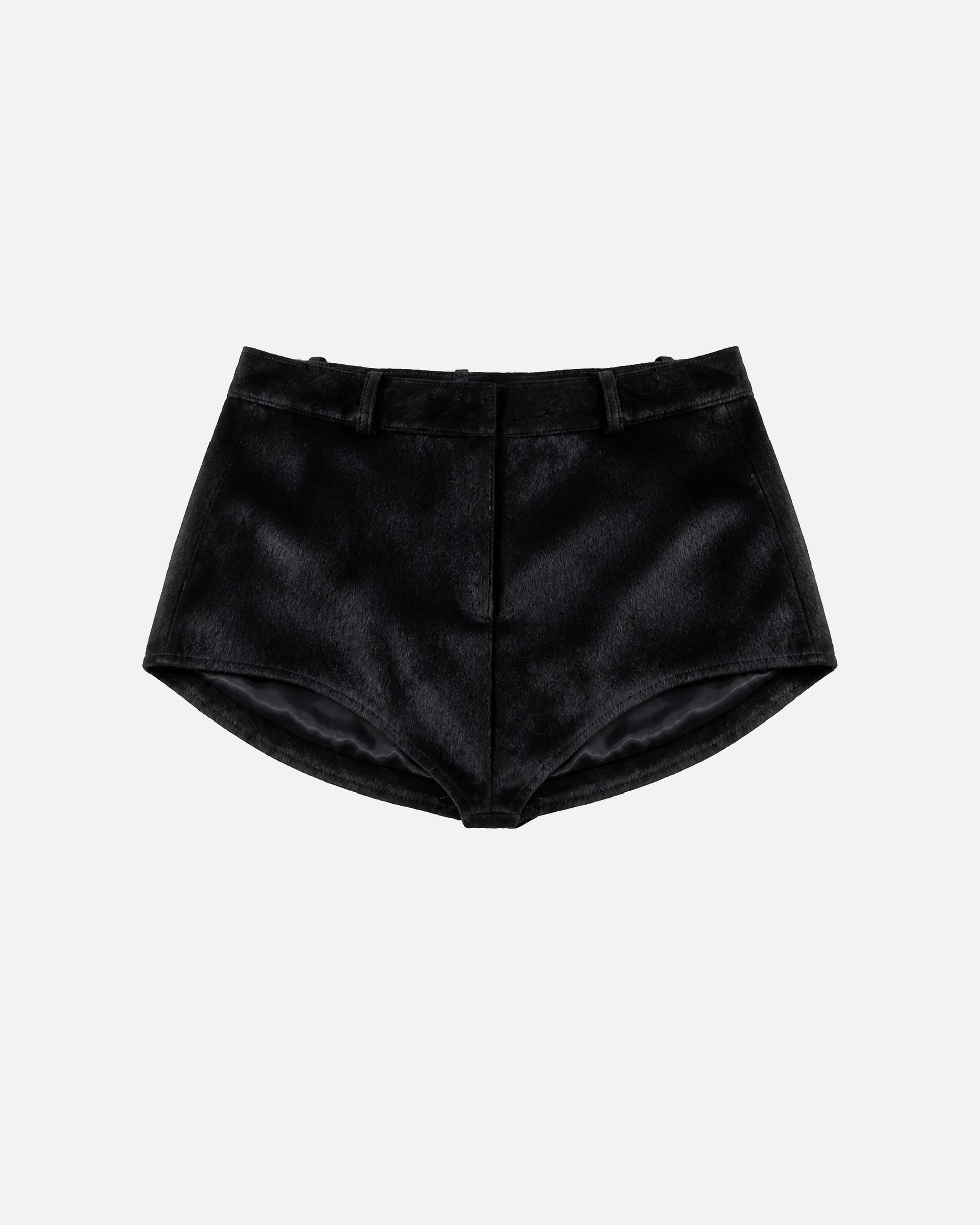 Susanna Chow Naomi Pony Hair Micro Shorts in Black, front view