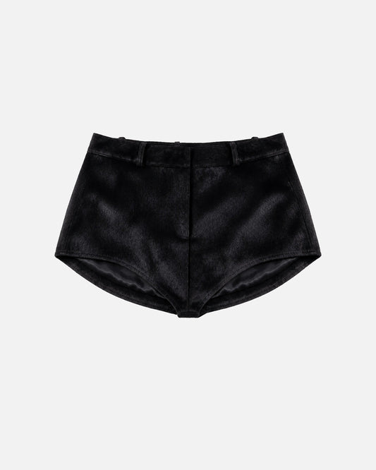Susanna Chow Naomi Pony Hair Micro Shorts in Black, front view