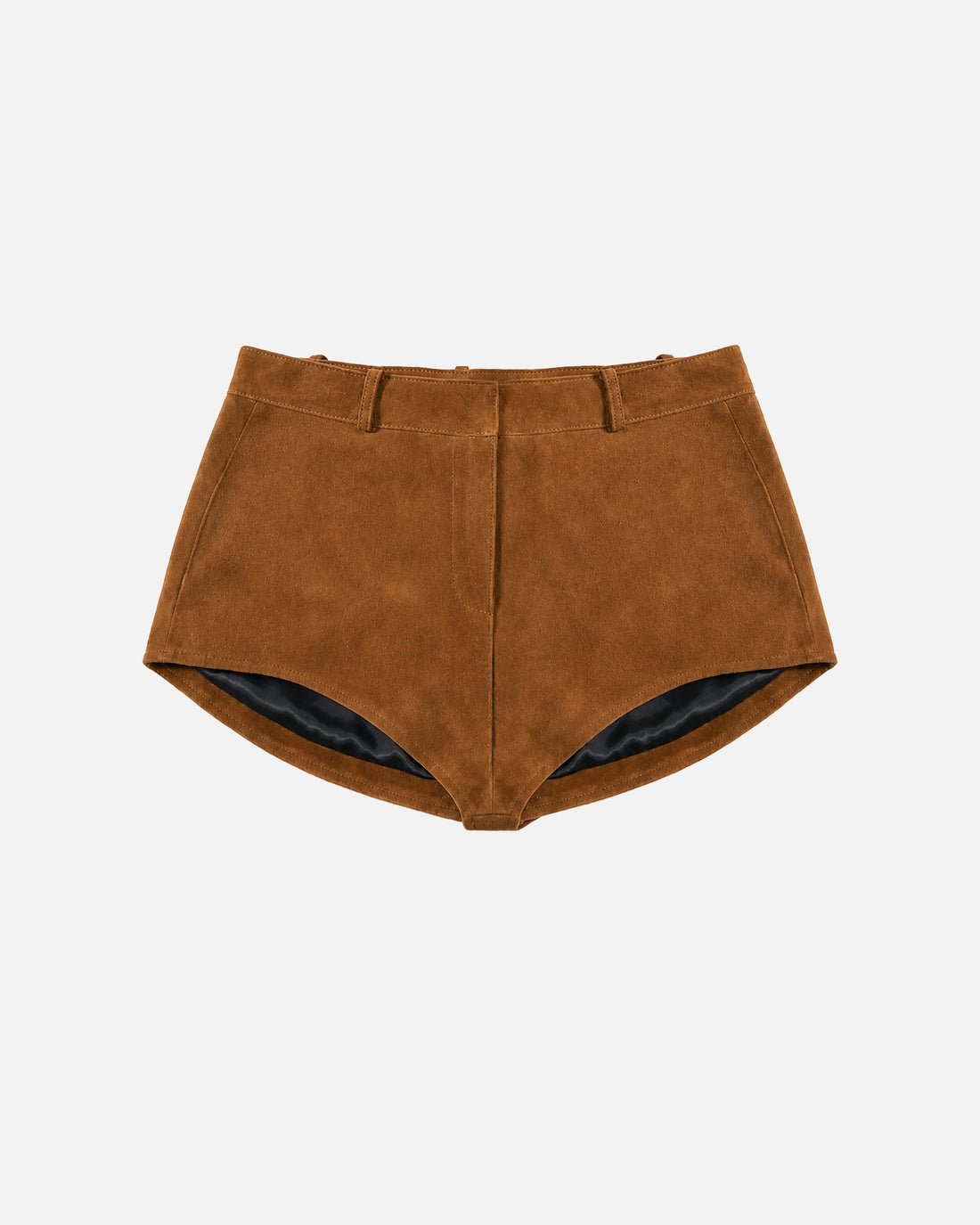 Susanna Chow Naomi Suede Micro Shorts in Mahogany Brown, front view